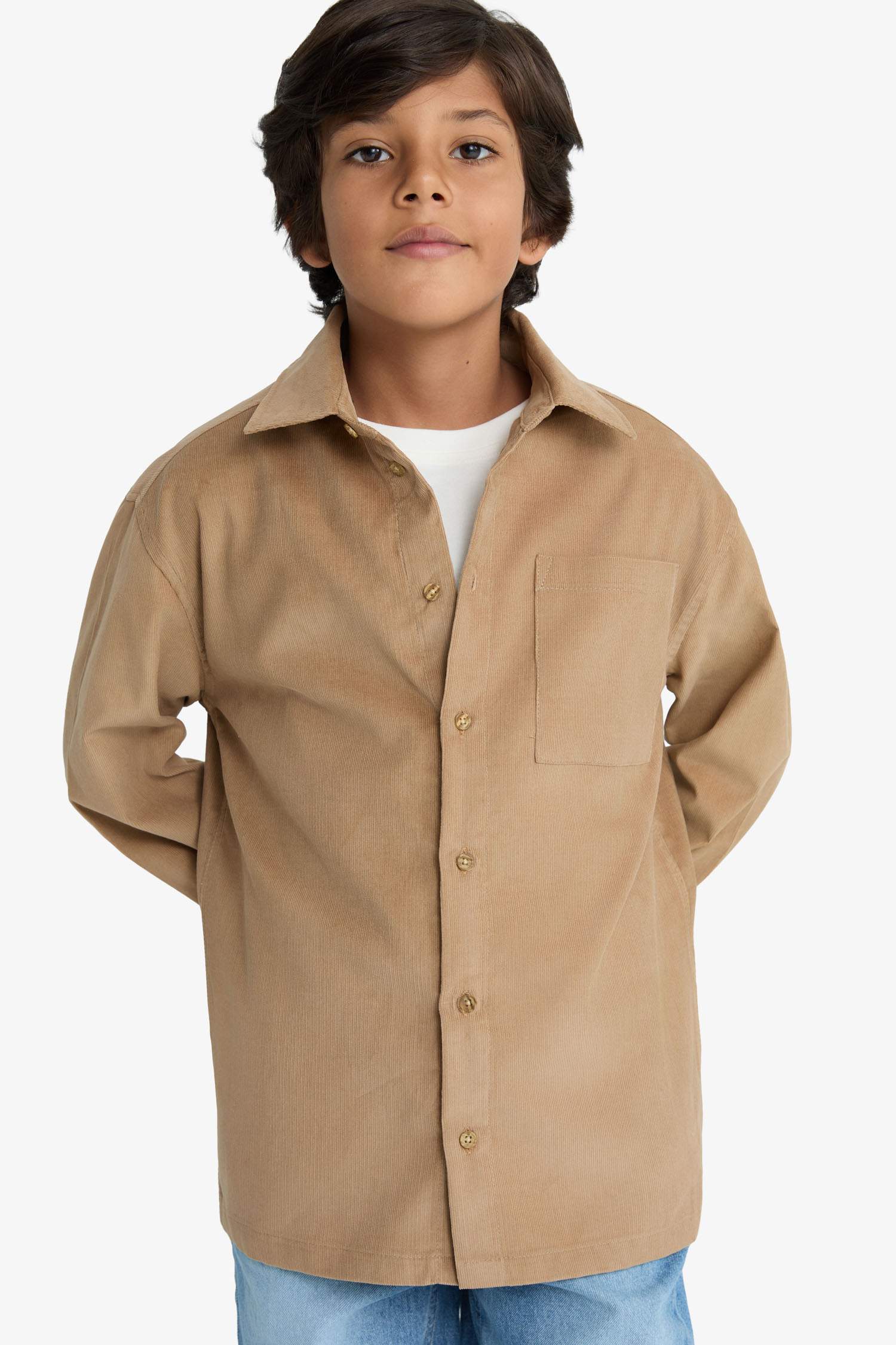 قميص بولو ولادي ردن طويل مخمل مضلع قصة عادية