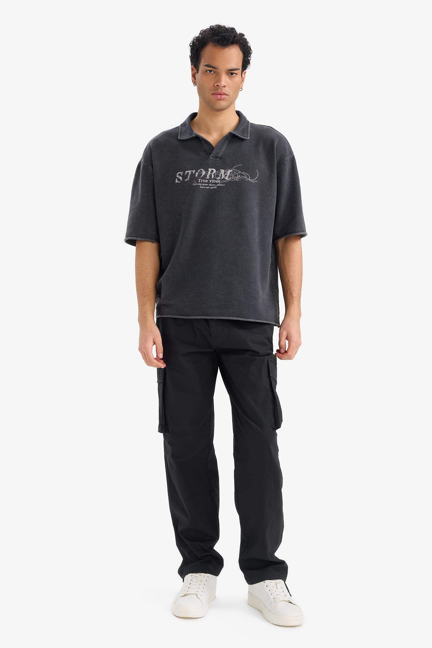 Loose Fit Polo Neck Printed Sweatshirt Fabric Polo Shirt