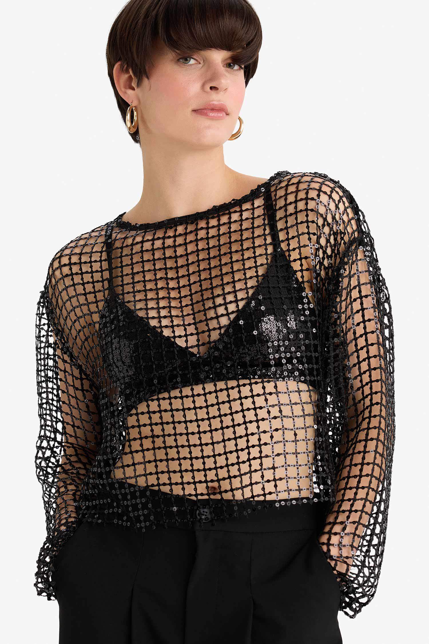 Overshirt Fit Bisiklet Yaka Payetli Kumaş Uzun Kollu Bluz