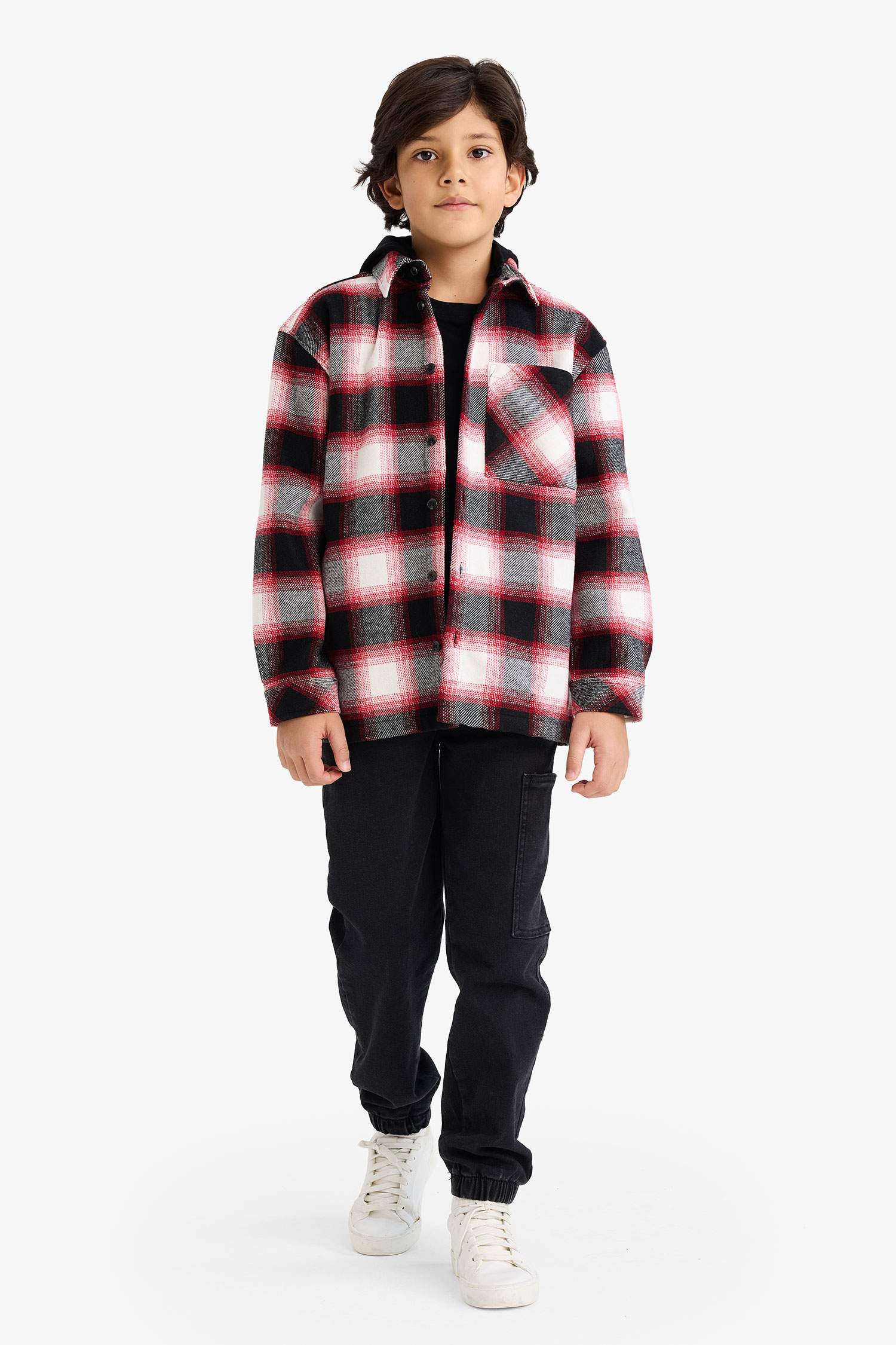 قميص كاروهات ولادي ردن طويل فلانيل اوفر سايز بغطاء للرأس