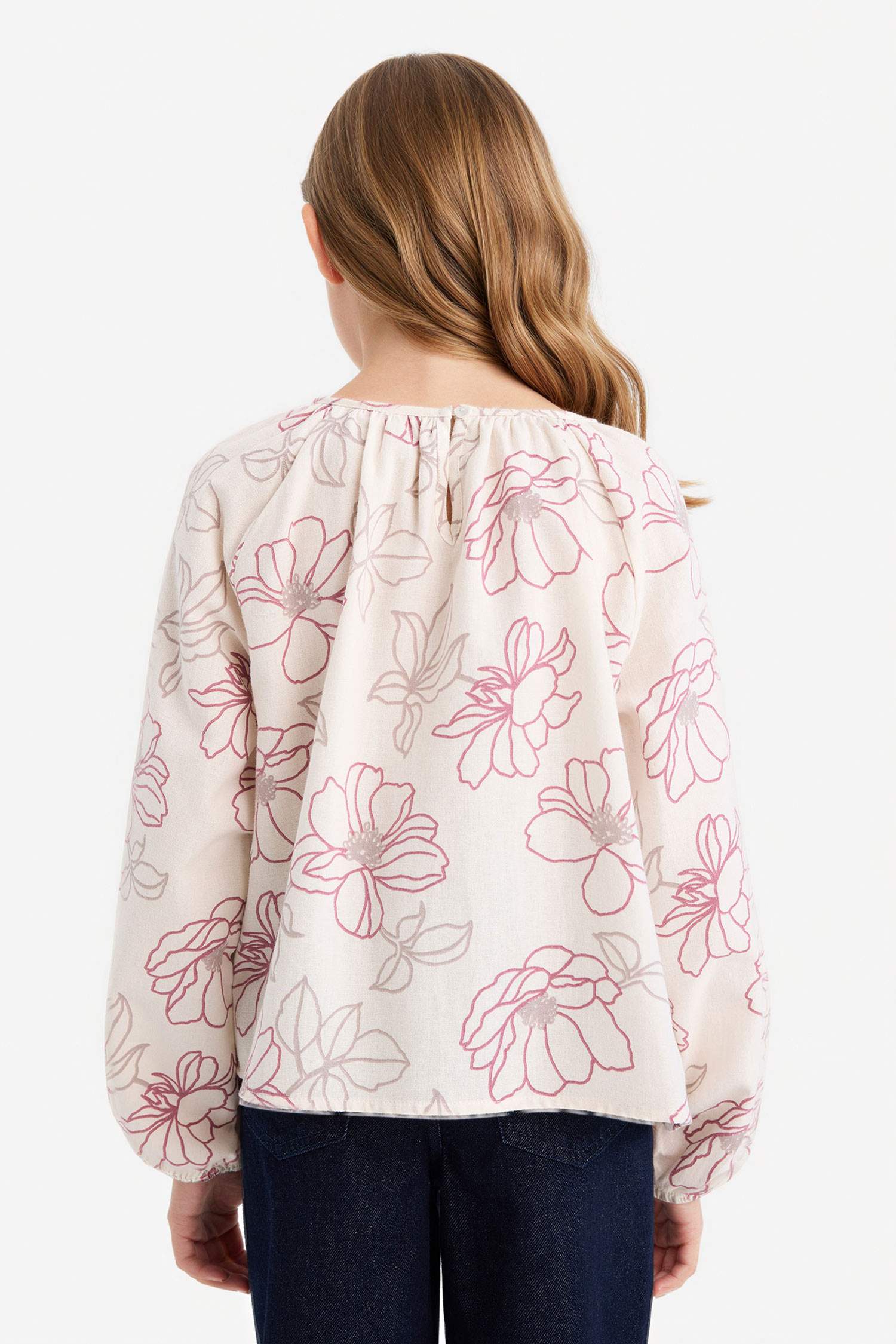 Çiçek Desenli Oxford Uzun Kollu Bluz Kız Çocuk