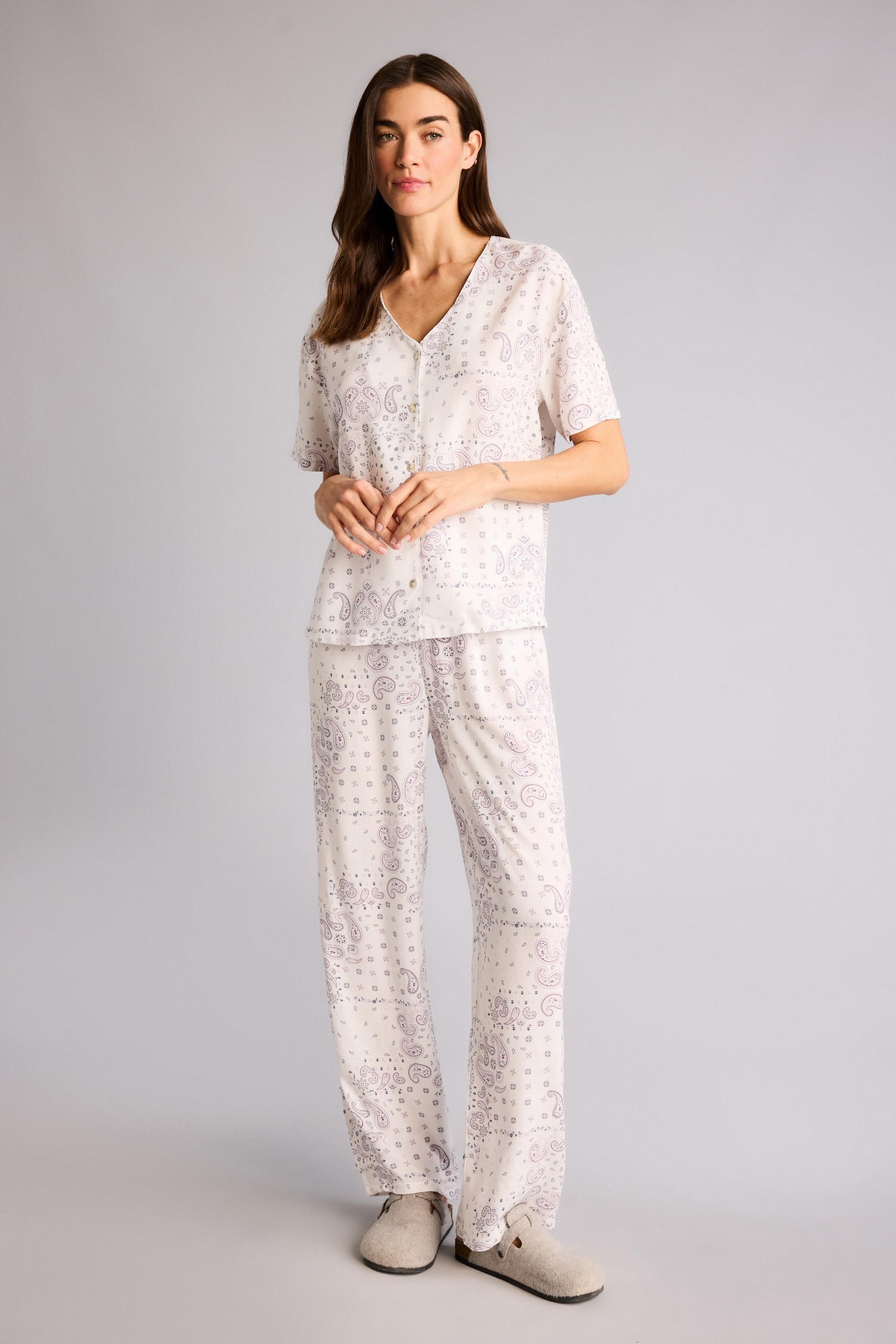 DeFacto Regular Fit Desenli Kısa Kollu Düğmeli Üst Elastik Bel Alt Pijama Takımı