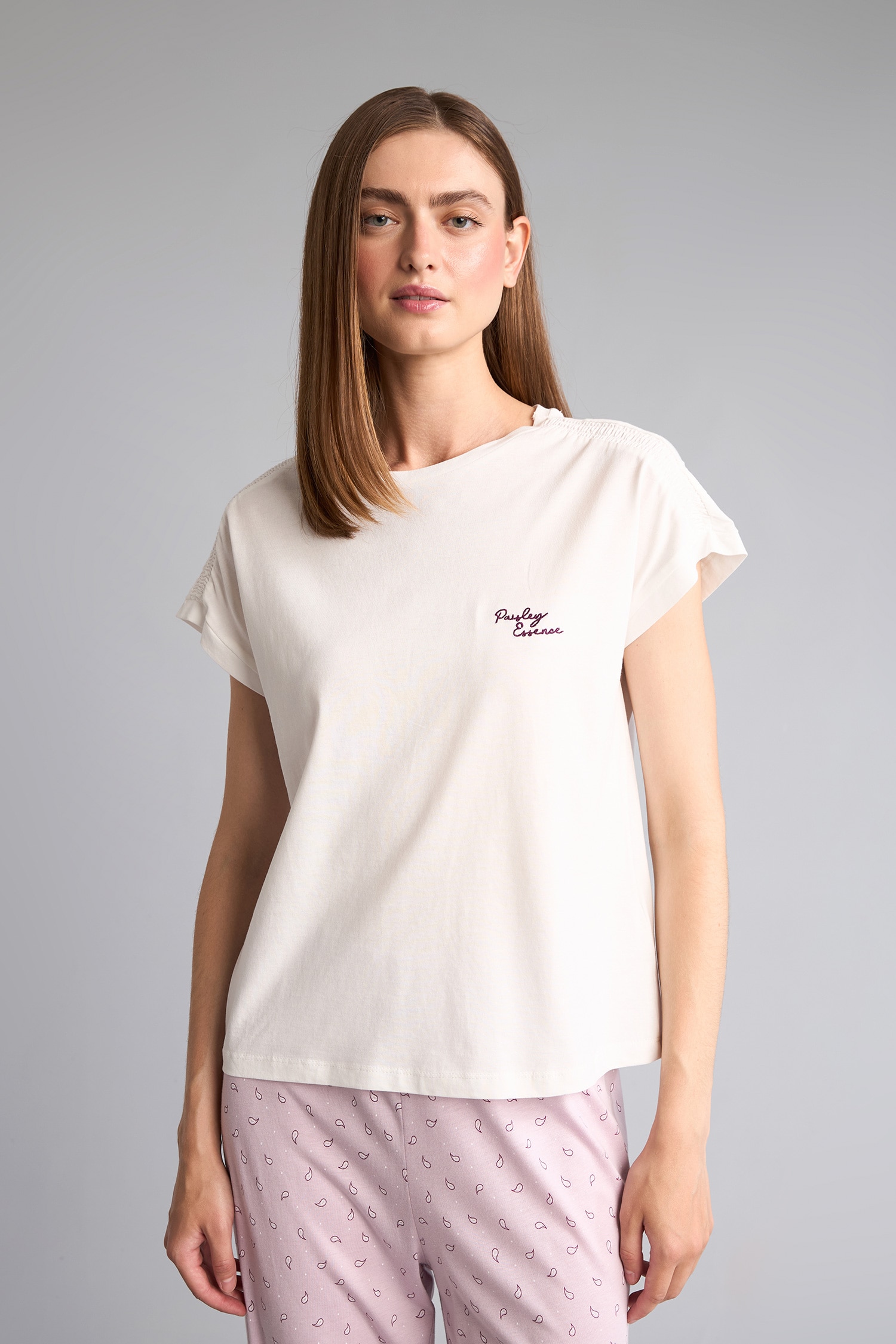 DeFacto %100 Pamuk Boxy Fıt Kısa Kollu Baskılı Pijama Takımı görsel 3