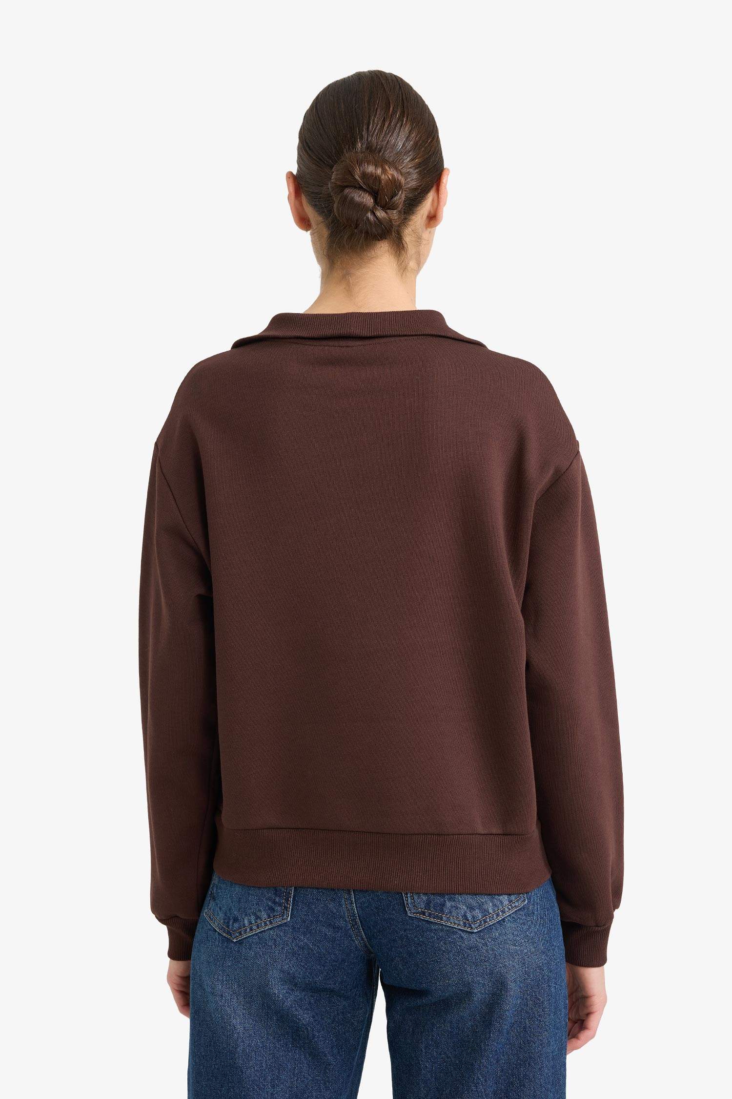 Regular Fit Yarım Fermuarlı Balıkçı Yaka Basic Düz Sweatshirt