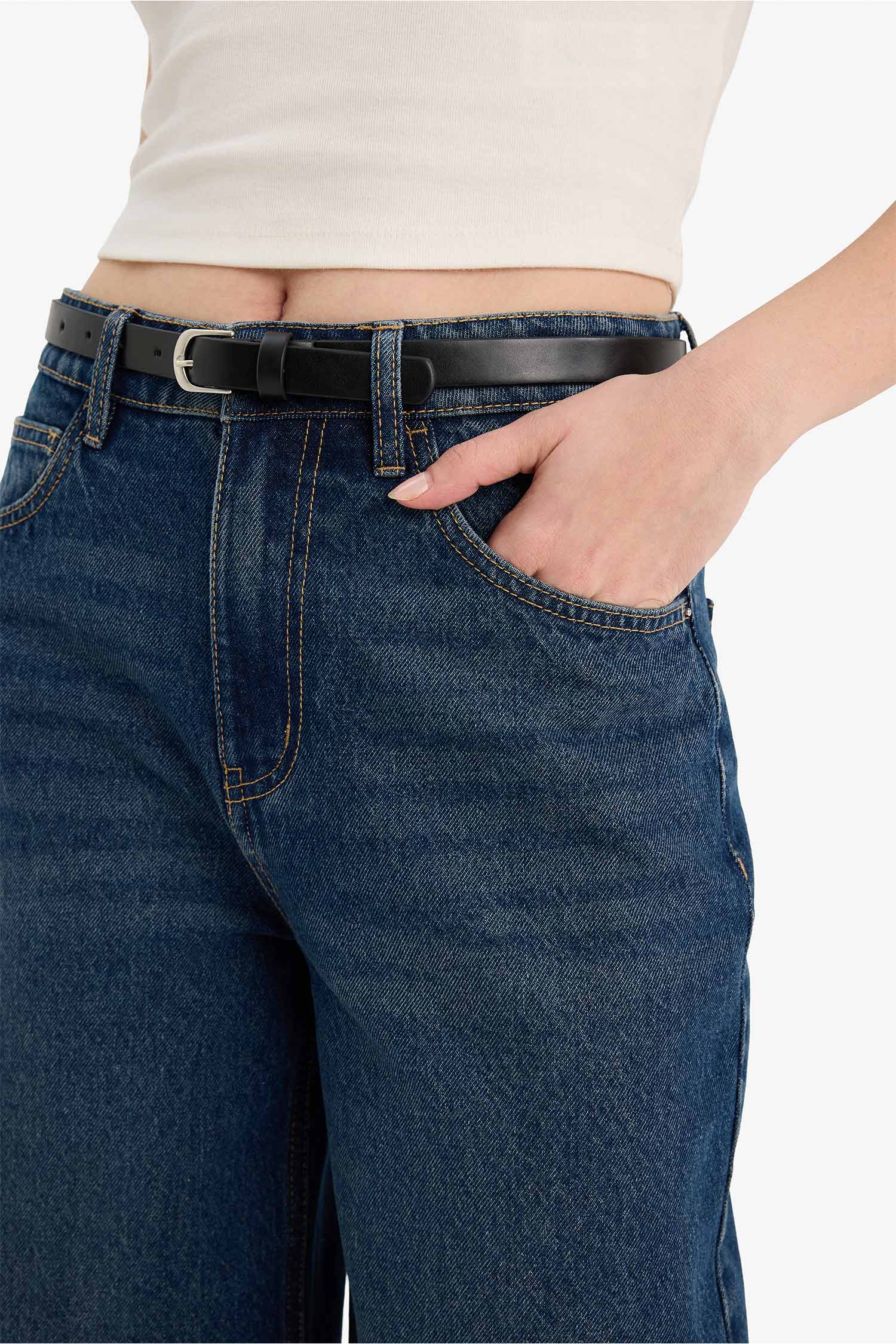 DeFacto %100 Pamuk Culotte Yüksek Bel Jean Kar Yıkamalı Pantolon görsel 4