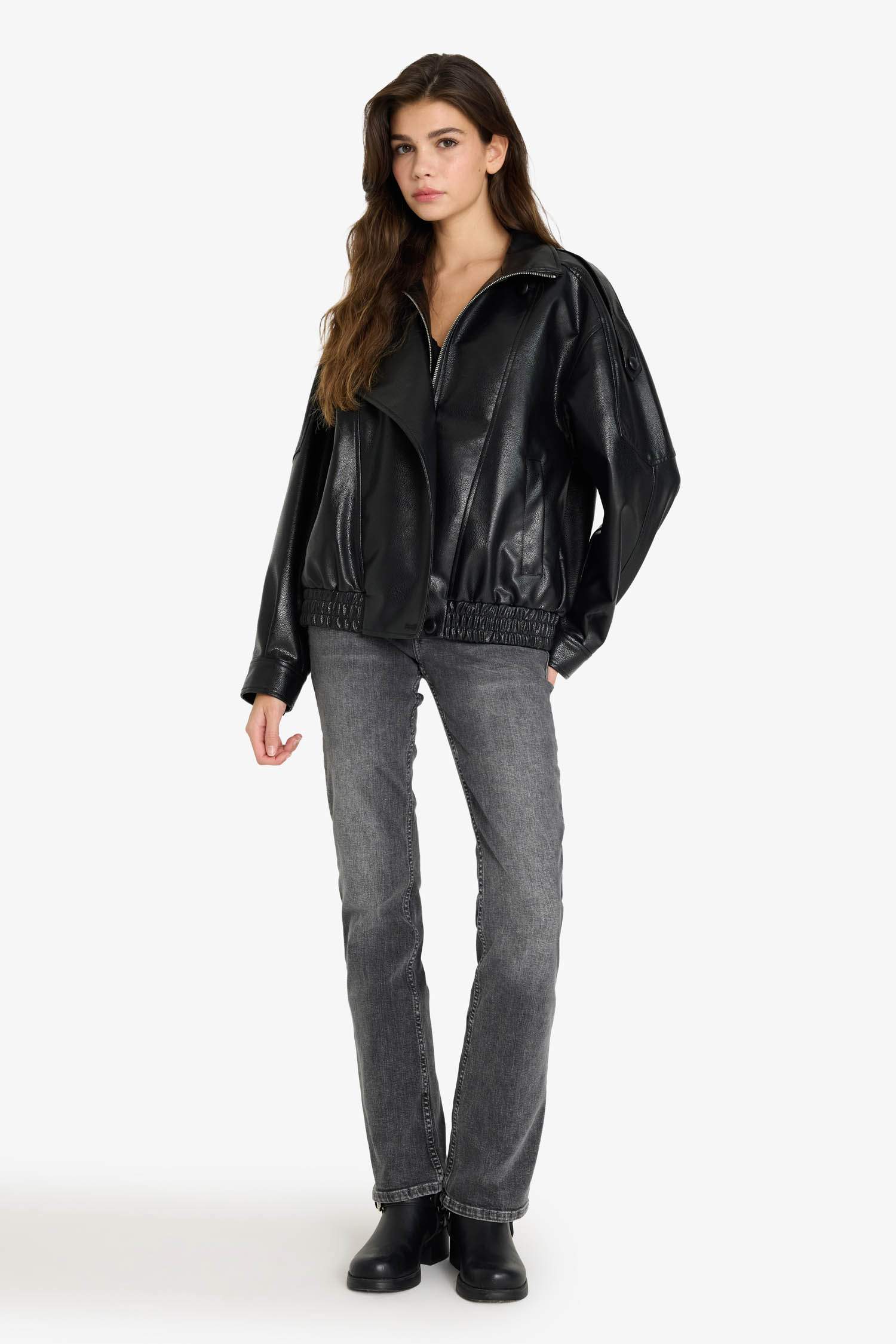 Dad Fit Dik Yaka Fermuarlı Suni Deri Ceket