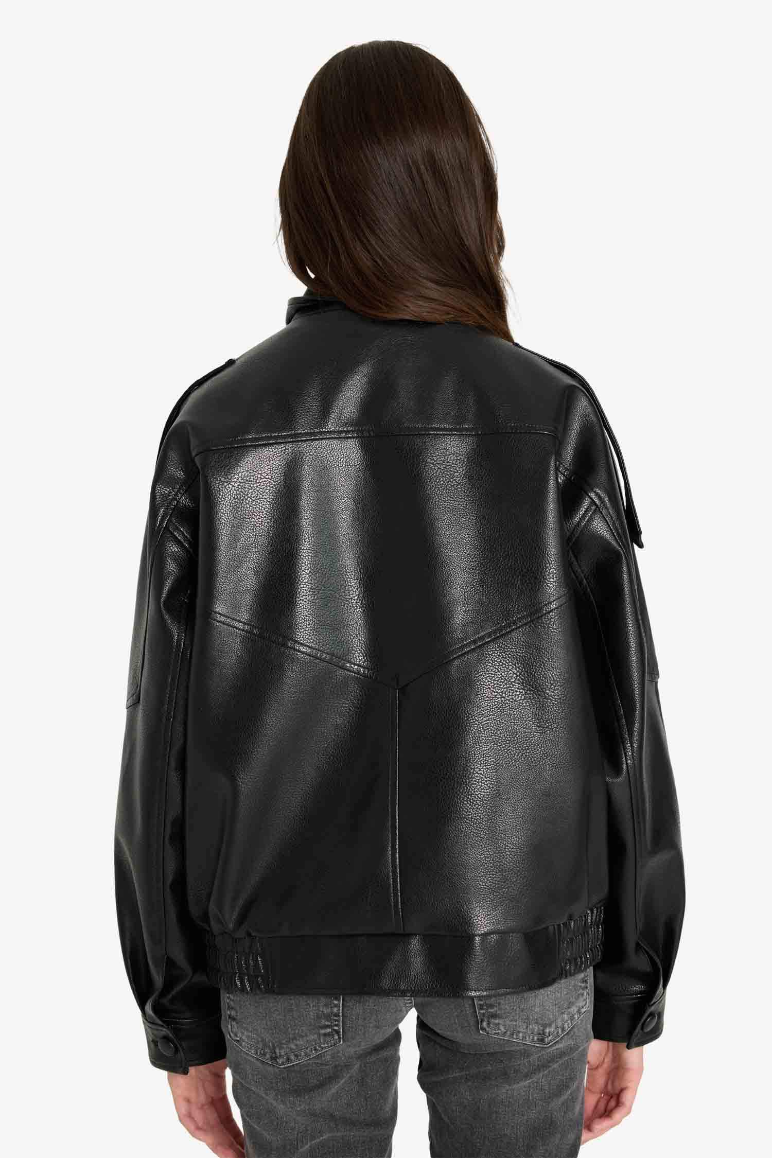 Dad Fit Dik Yaka Fermuarlı Suni Deri Ceket