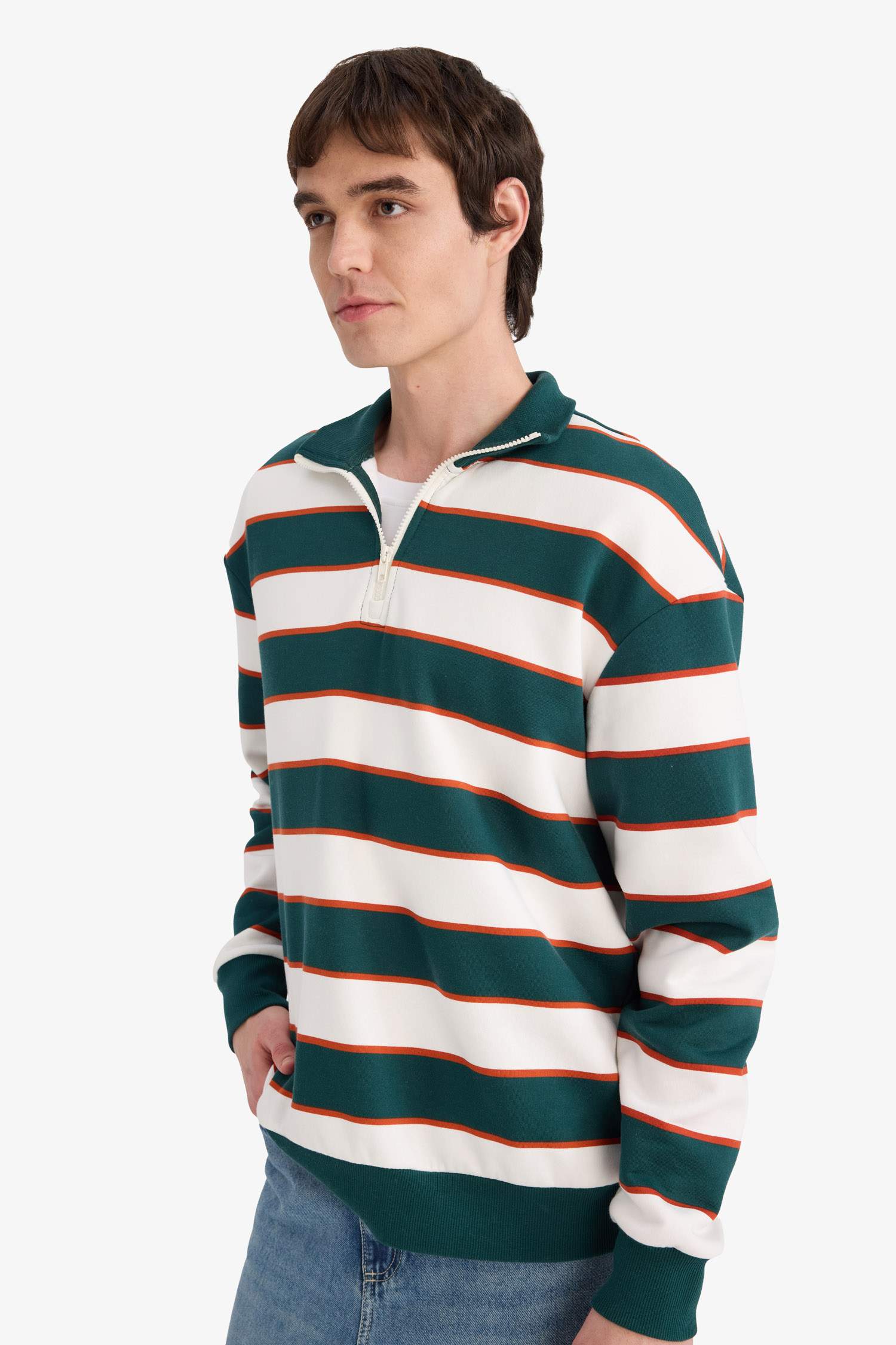 Boxy Fit Dik Yaka Yarım Fermuarlı Çizgili Sweatshirt