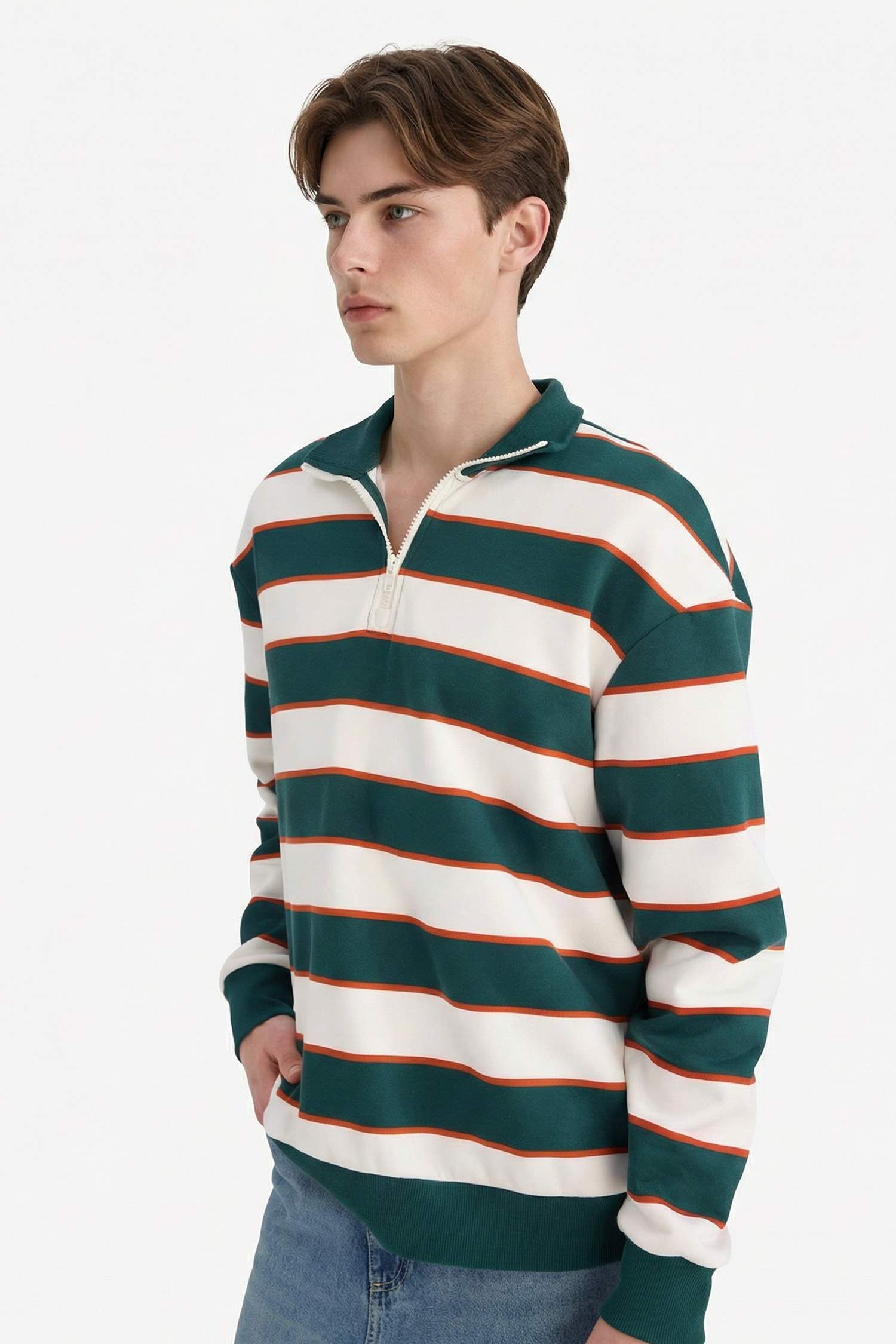 Boxy Fit Dik Yaka Yarım Fermuarlı Çizgili Sweatshirt