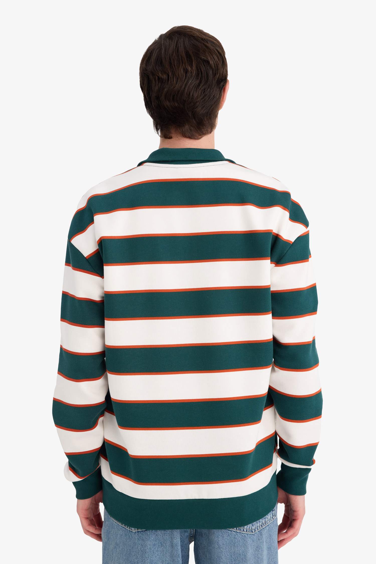 Boxy Fit Dik Yaka Yarım Fermuarlı Çizgili Sweatshirt