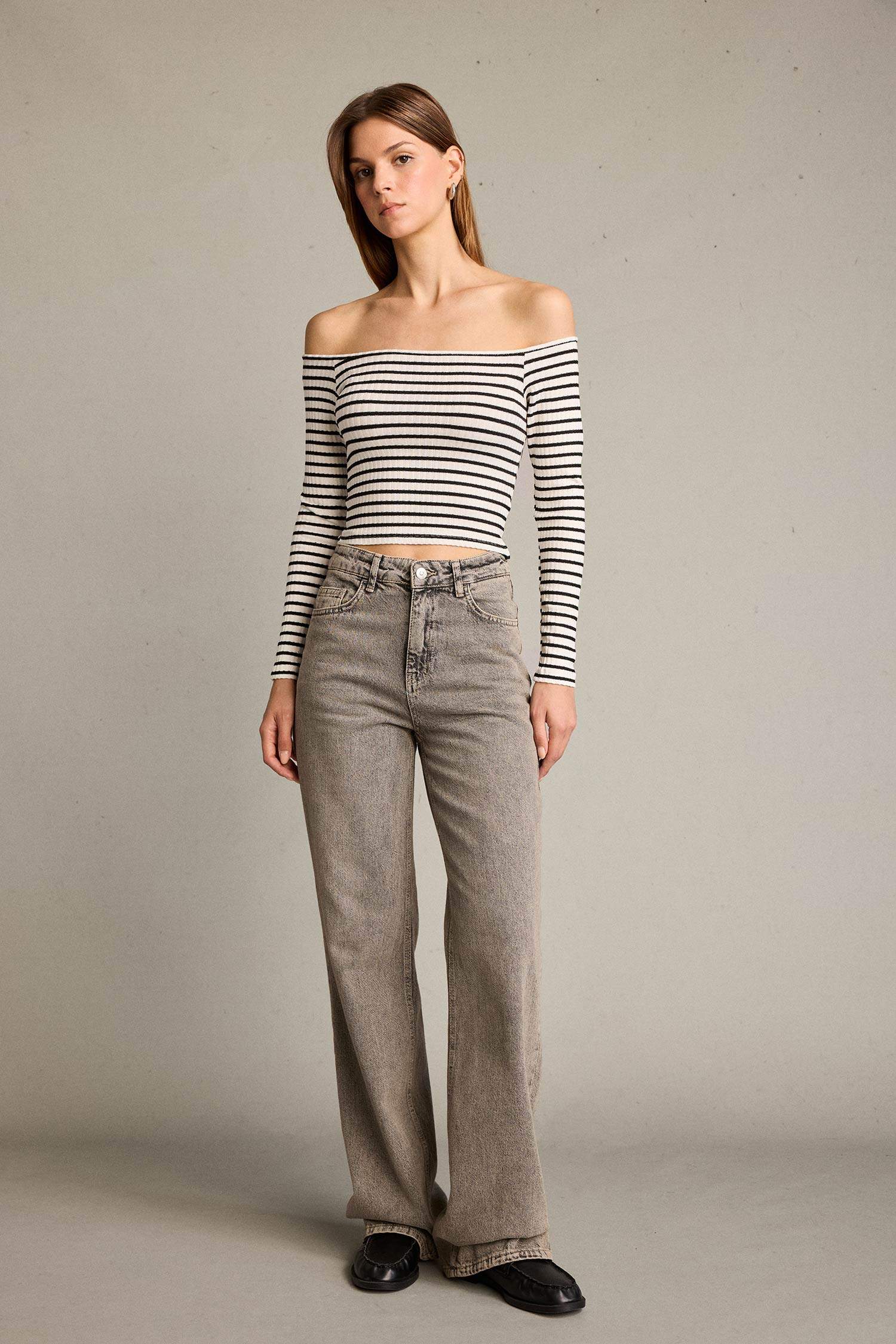 Omuz Açık Çizgili Uzun Kollu Bluz