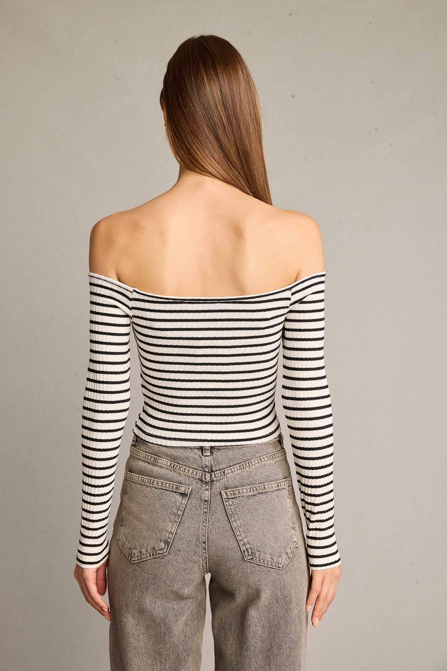 Omuz Açık Çizgili Uzun Kollu Bluz