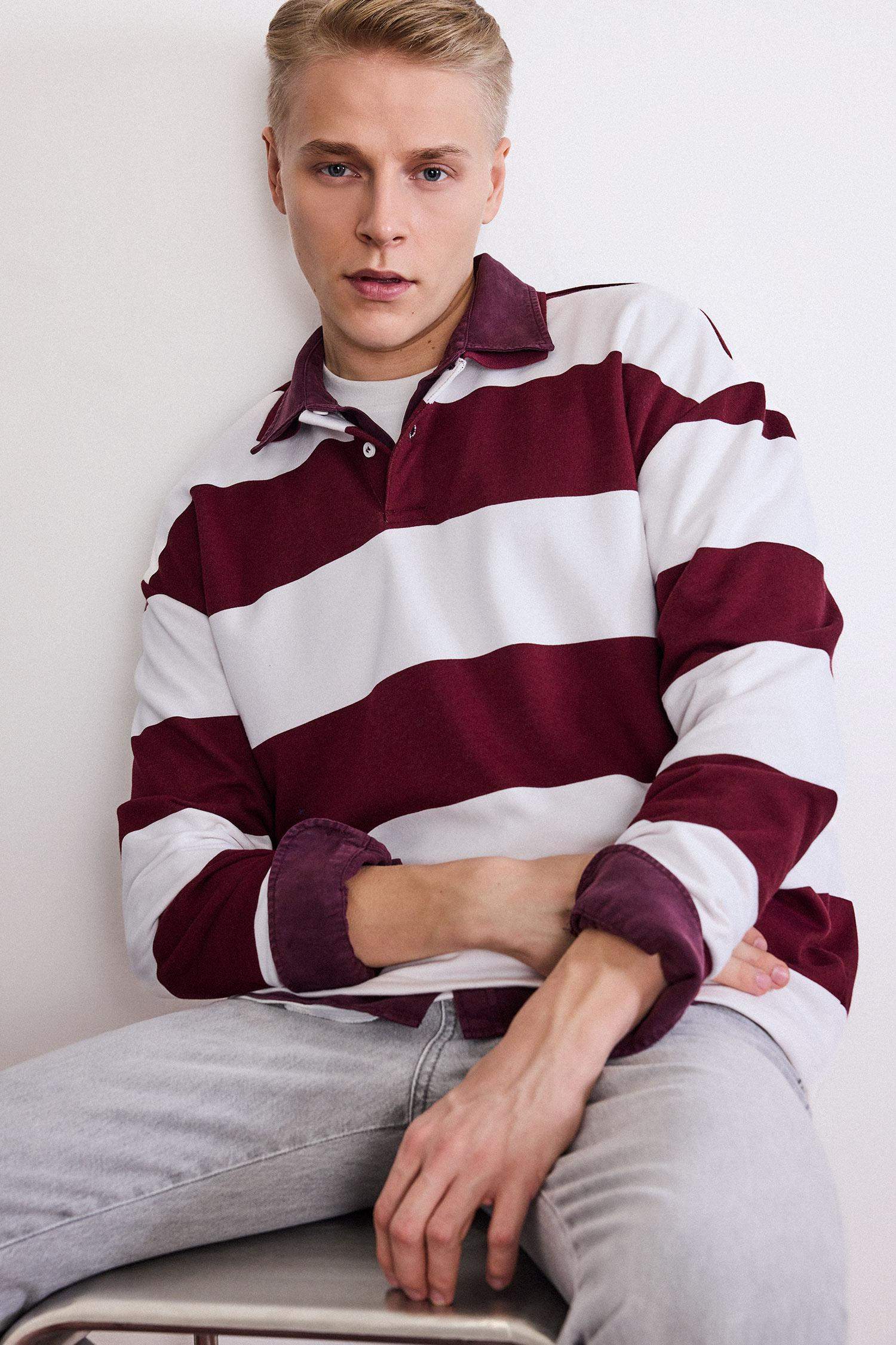 Boxy Fit Polo Yaka Çizgili Sweatshirt