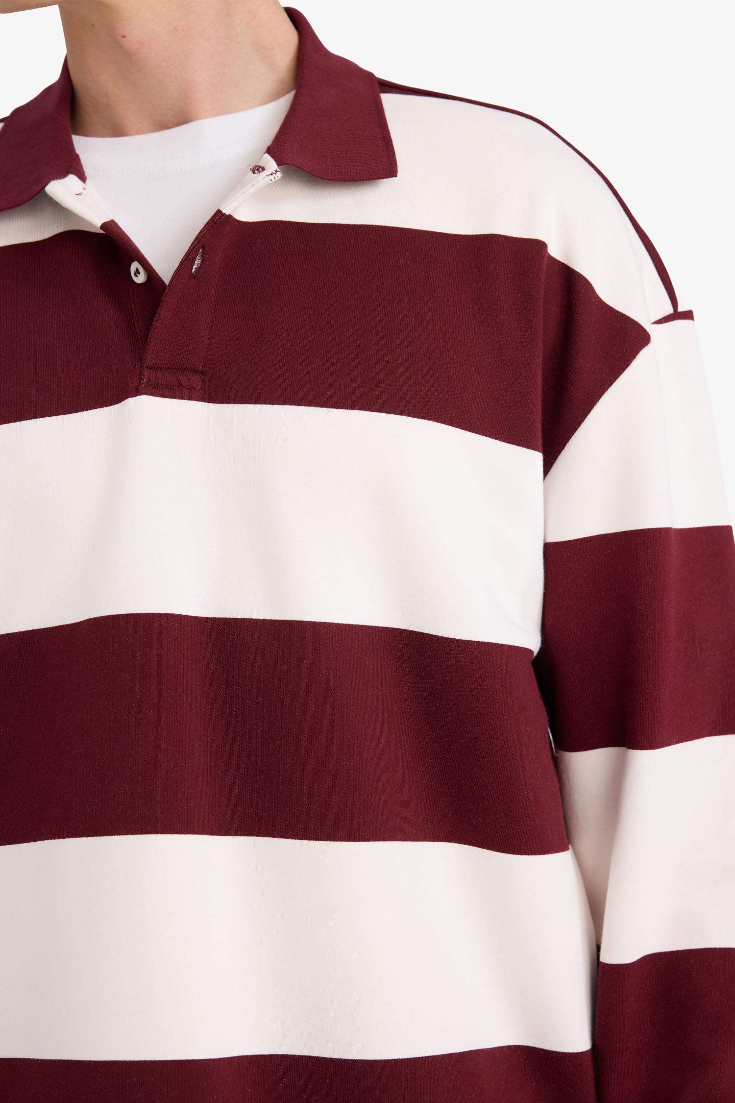 Boxy Fit Polo Yaka Çizgili Sweatshirt