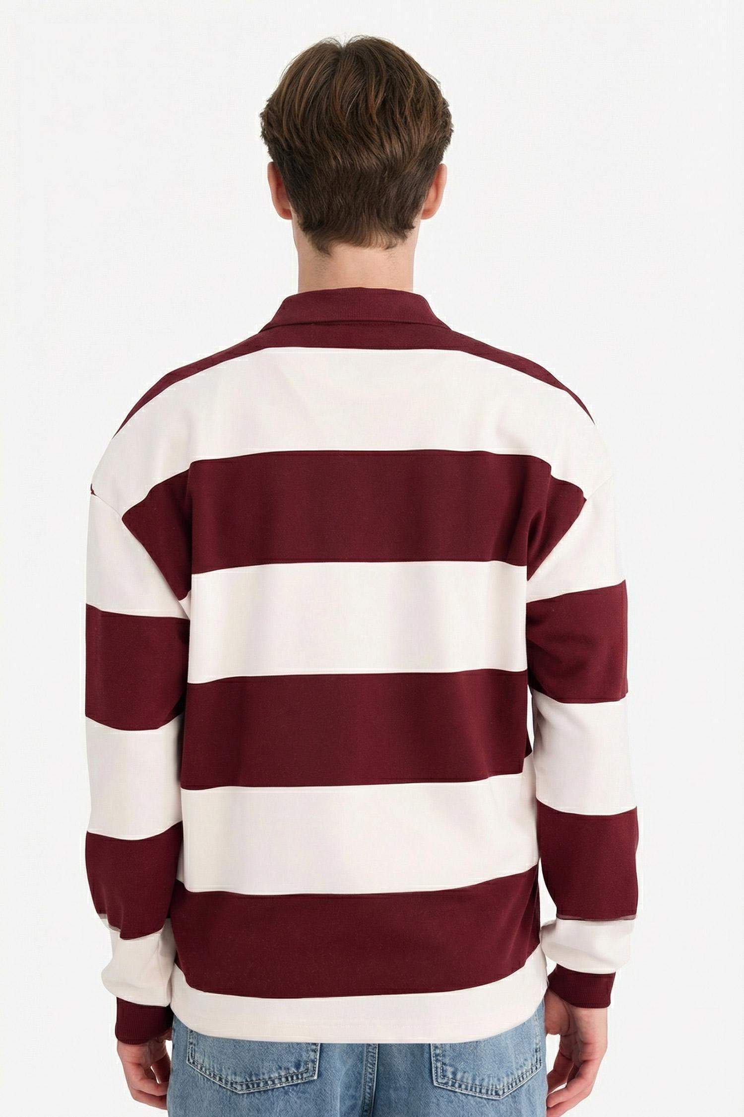 Boxy Fit Polo Yaka Çizgili Sweatshirt