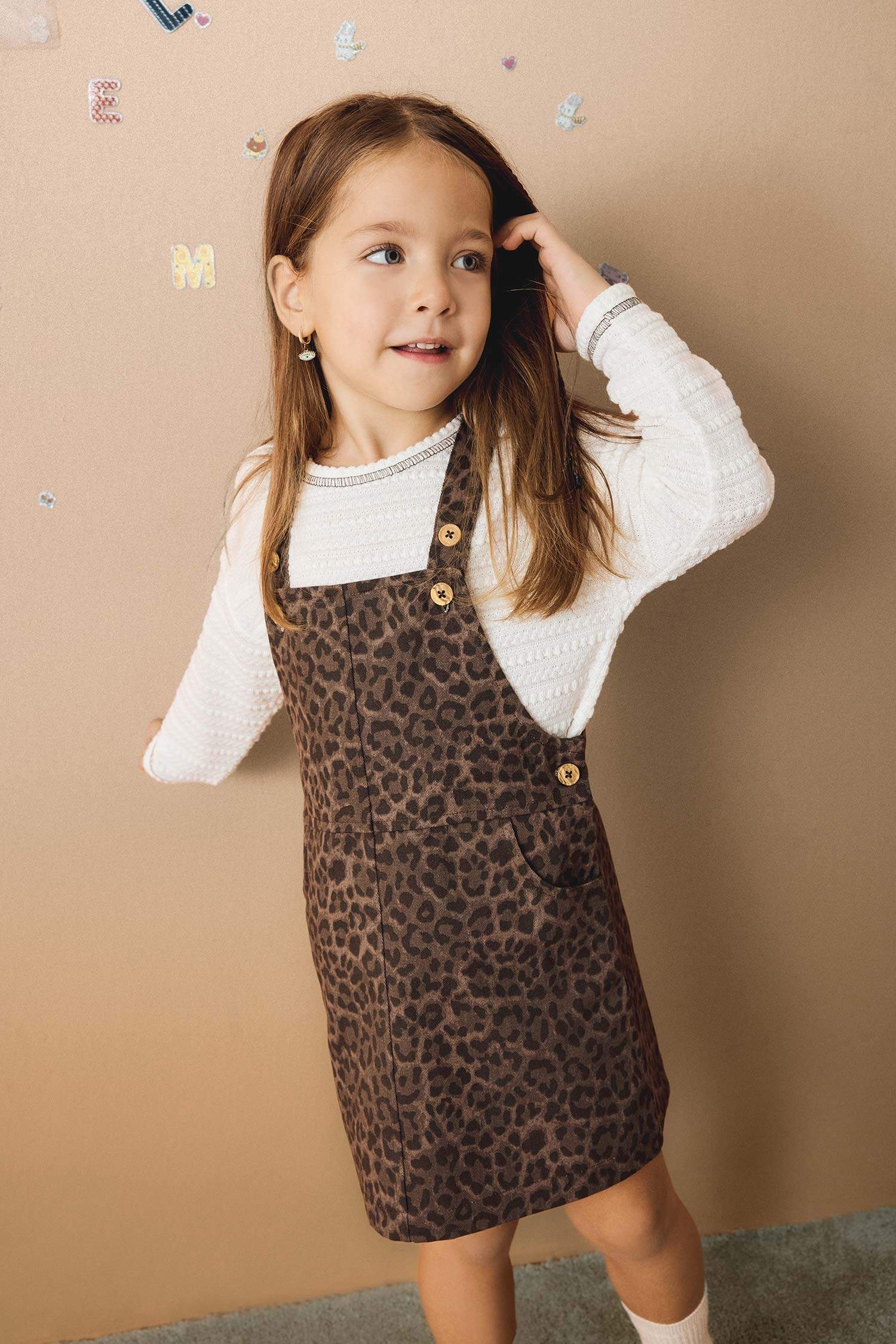 Kız Bebek Leopar Desenli Askılı Gabardin Salopet Elbise