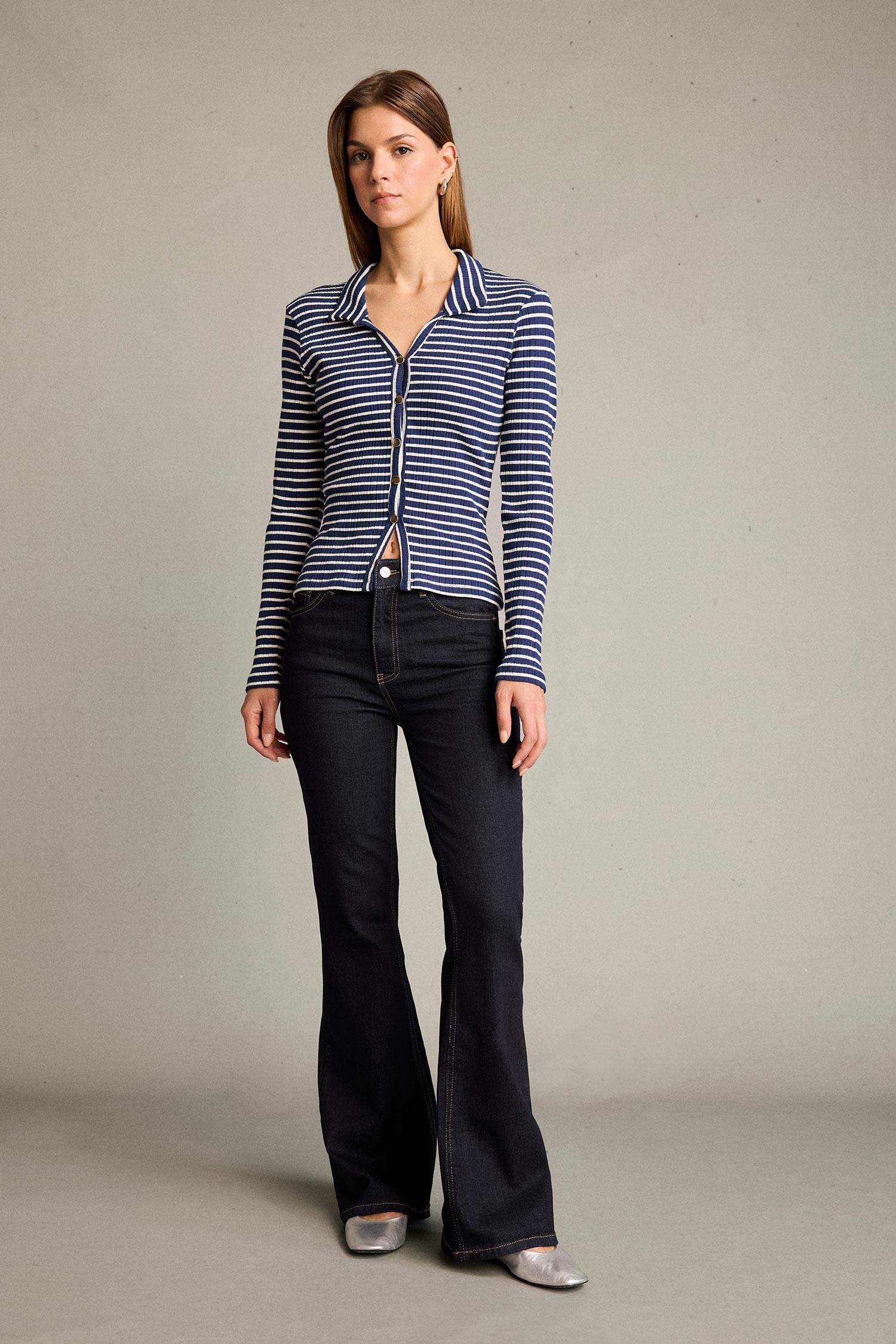 Polo Yaka Çizgili Uzun Kollu Tişört