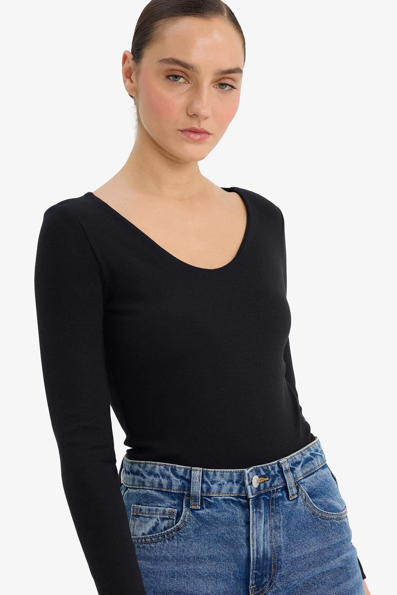 Slim Fit Dar Kesim Basic Düz Modal Uzun Kollu Tişört