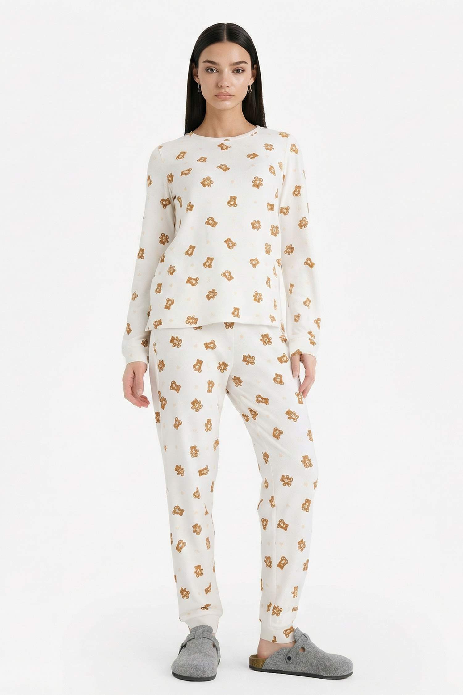 Pijama Takımı Regular Fit Ayıcık Desenli Uzun Kollu Üst Uzun Alt