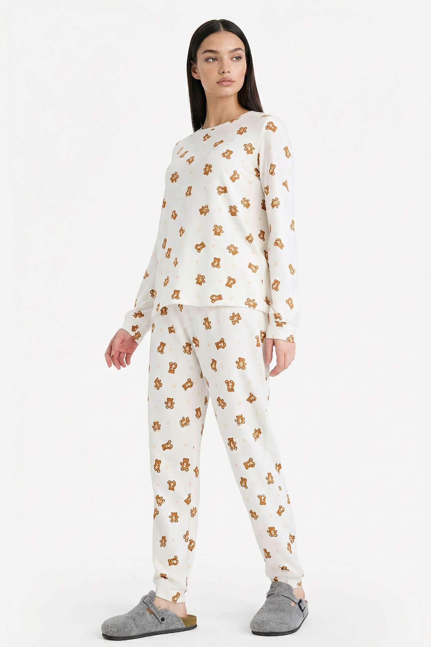 Pijama Takımı Regular Fit Ayıcık Desenli Uzun Kollu Üst Uzun Alt