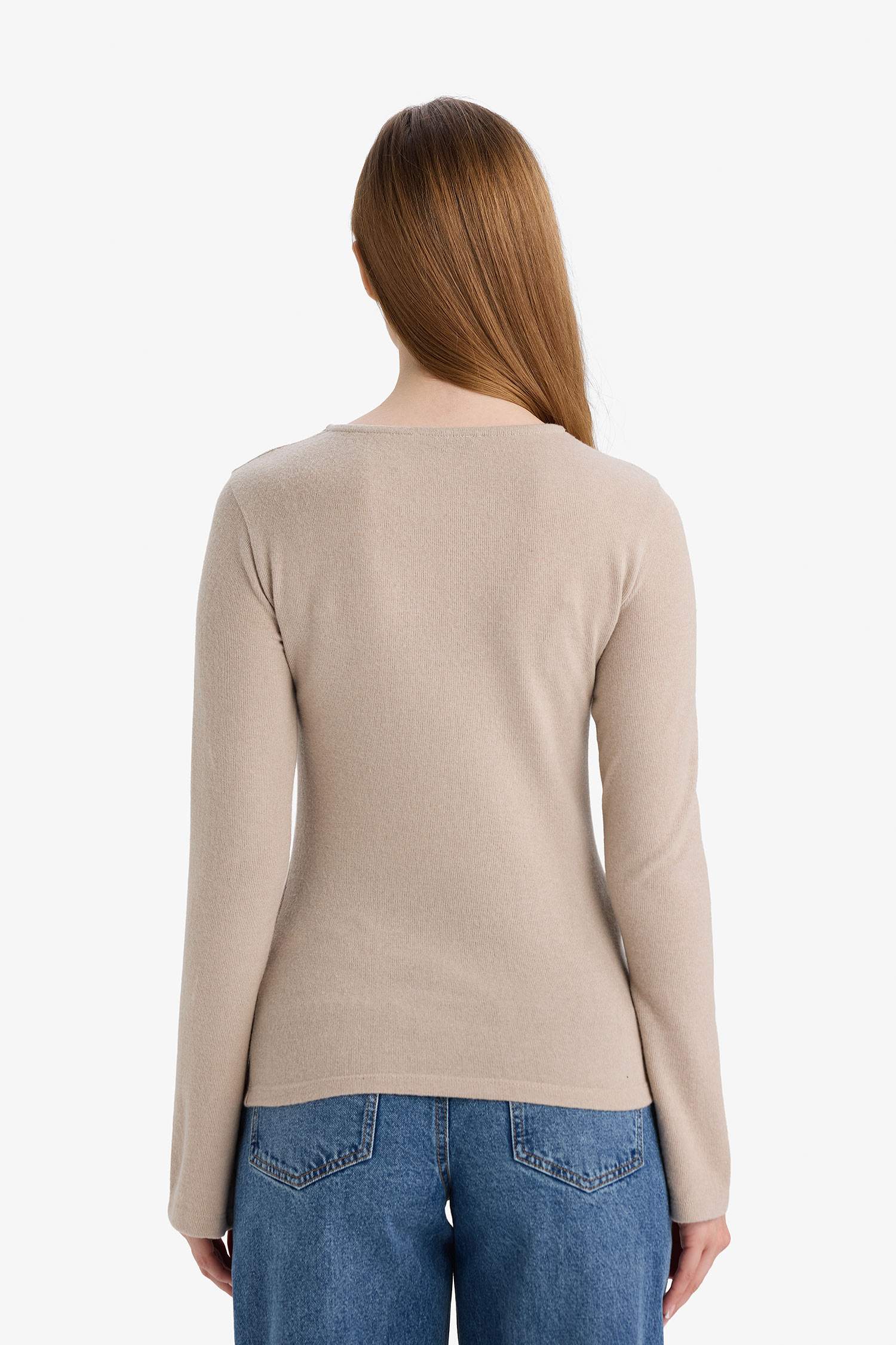 Slim Fit Dar Kesim Bisiklet Yaka Uzun Kollu Tişört Tunik