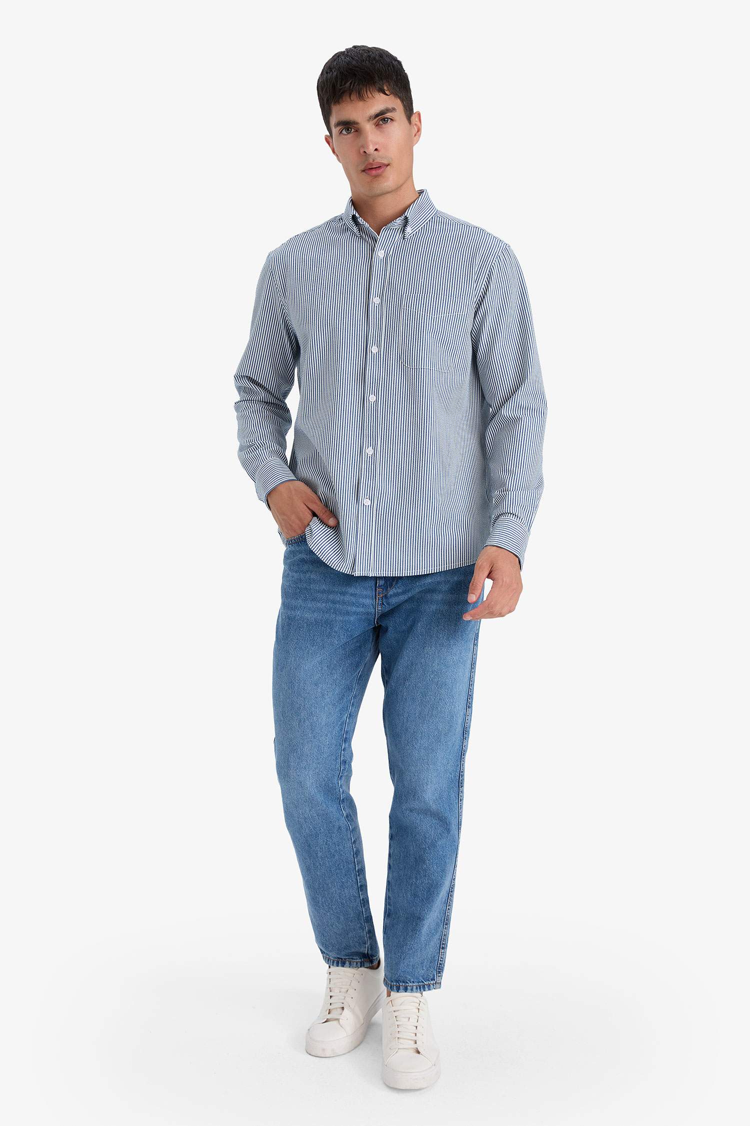 Regular fit Long Sleeve Polo Collar Crinkled Shirt