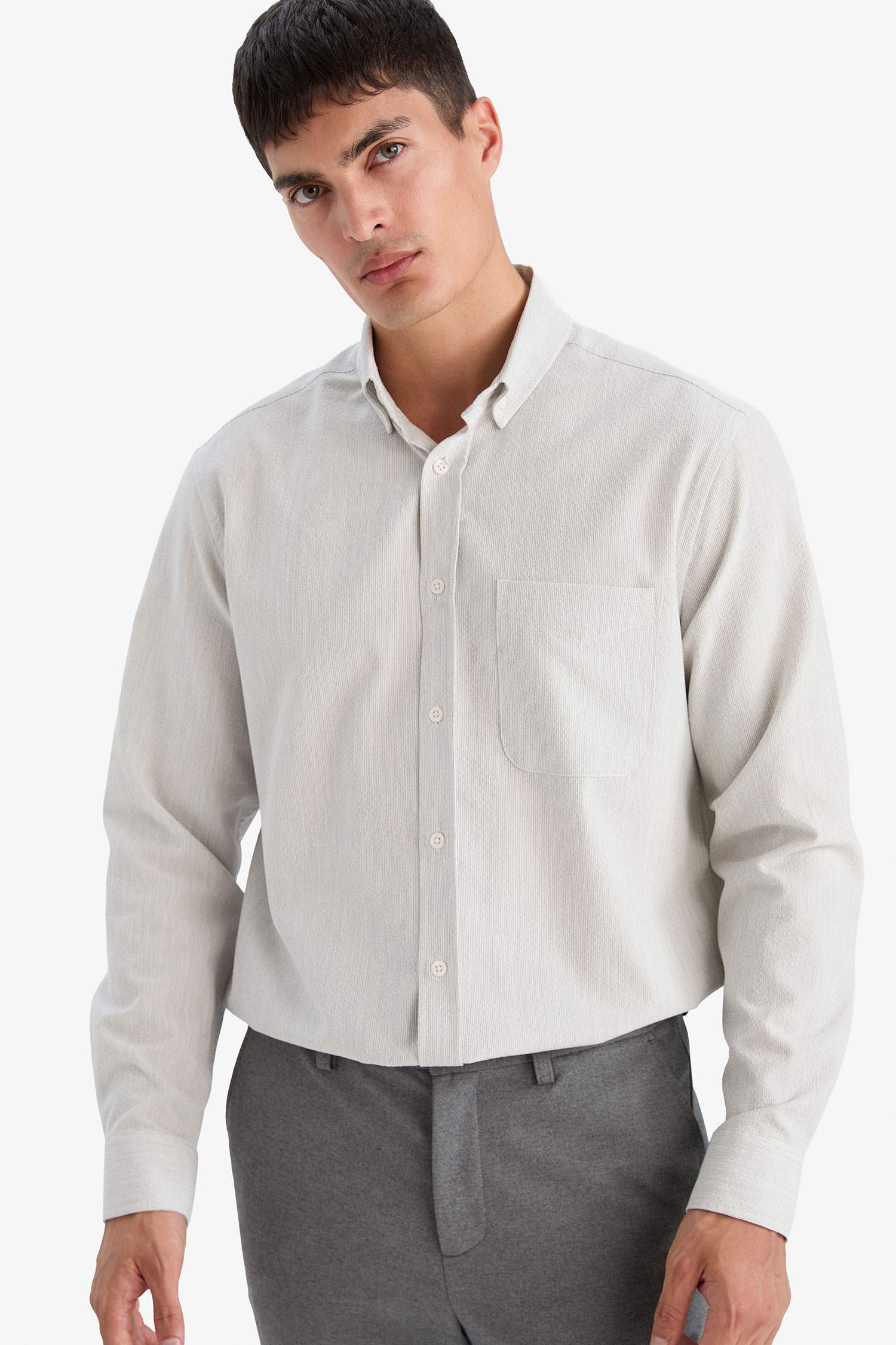 Regular Fit Polo Yaka Krinkıl Uzun Kollu Gömlek