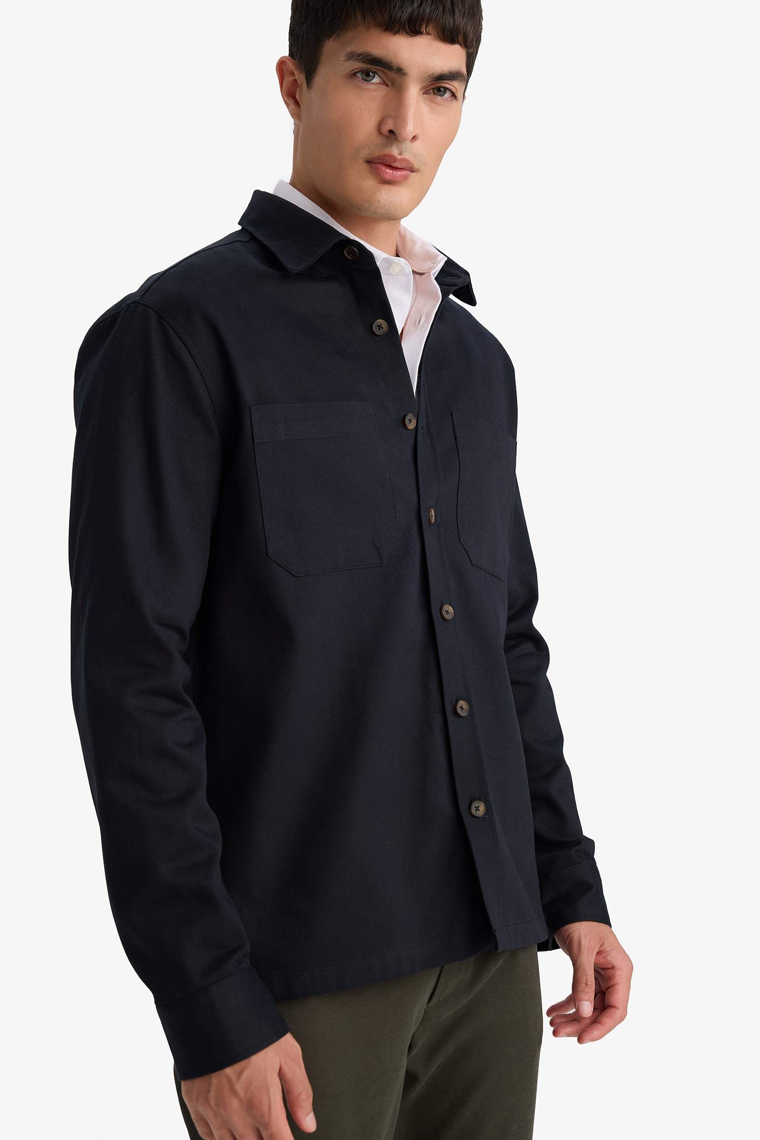 Regular Fit Polo Neck Gabardine Long Sleeve Shirt