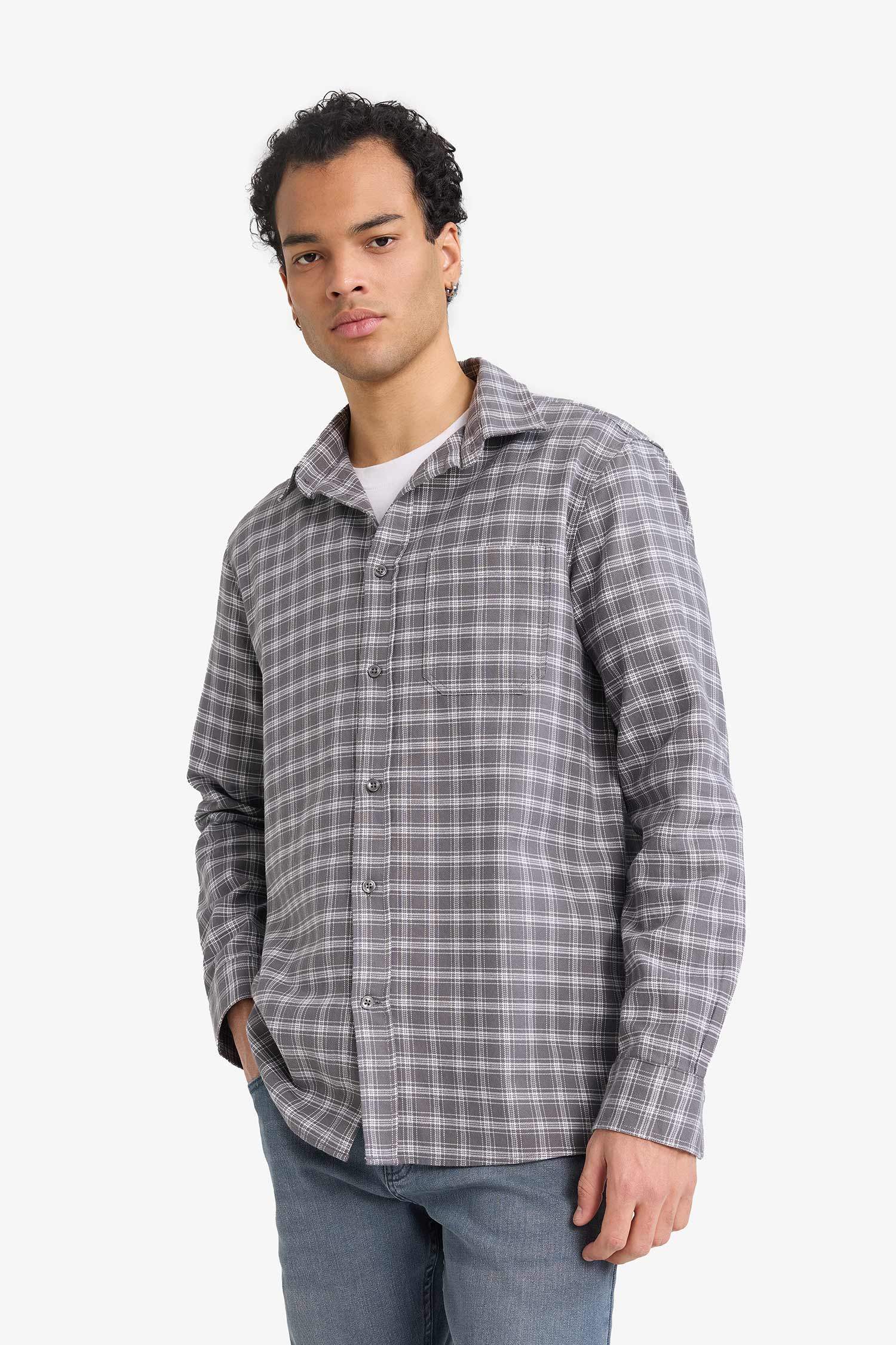Regular Fit Polo Neck Flannel Long Sleeve Shirt