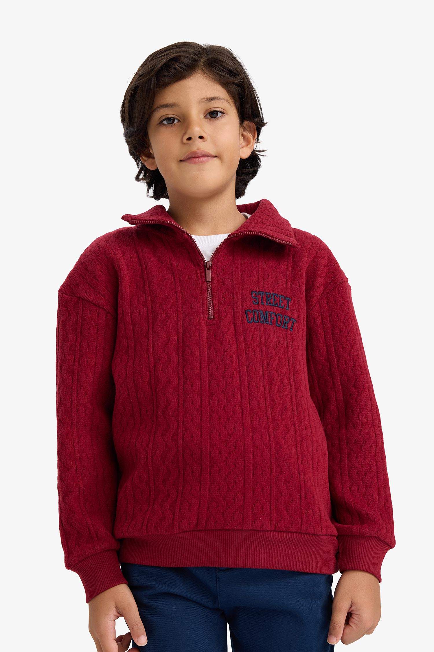 Erkek Çocuk Oversize Geniş Kalıp Yarım Fermuarlı Baskılı Jakarlı Sweatshirt