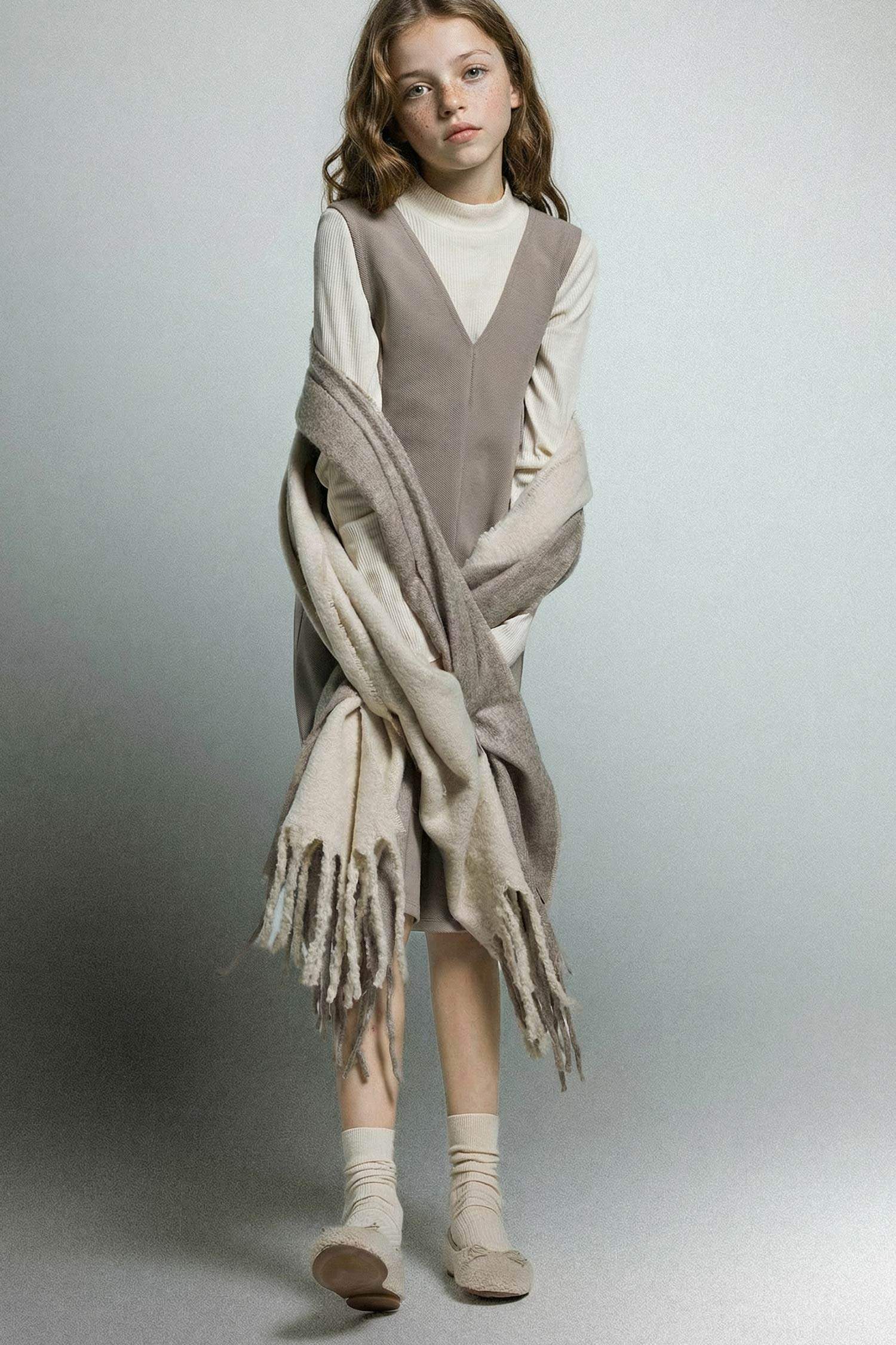 Kız Çocuk 2'li Takım V Yaka Kolsuz Elbise Uzun Kollu Tişört