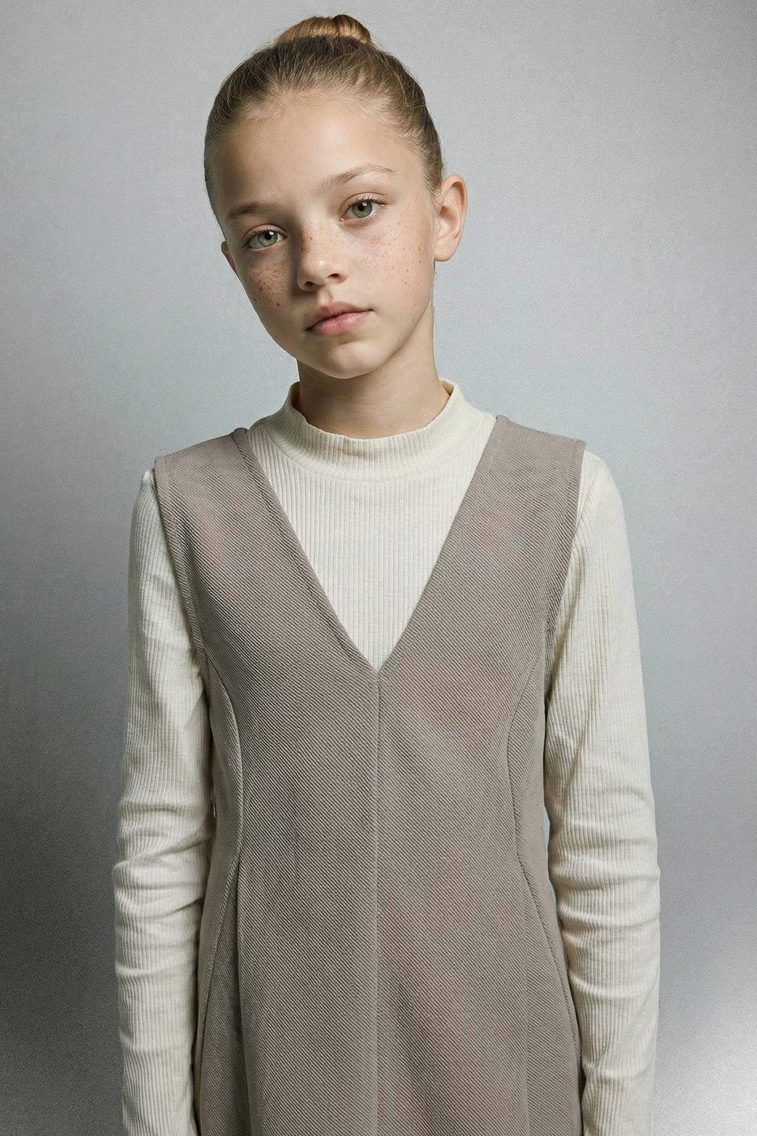 Kız Çocuk 2'li Takım V Yaka Kolsuz Elbise Uzun Kollu Tişört