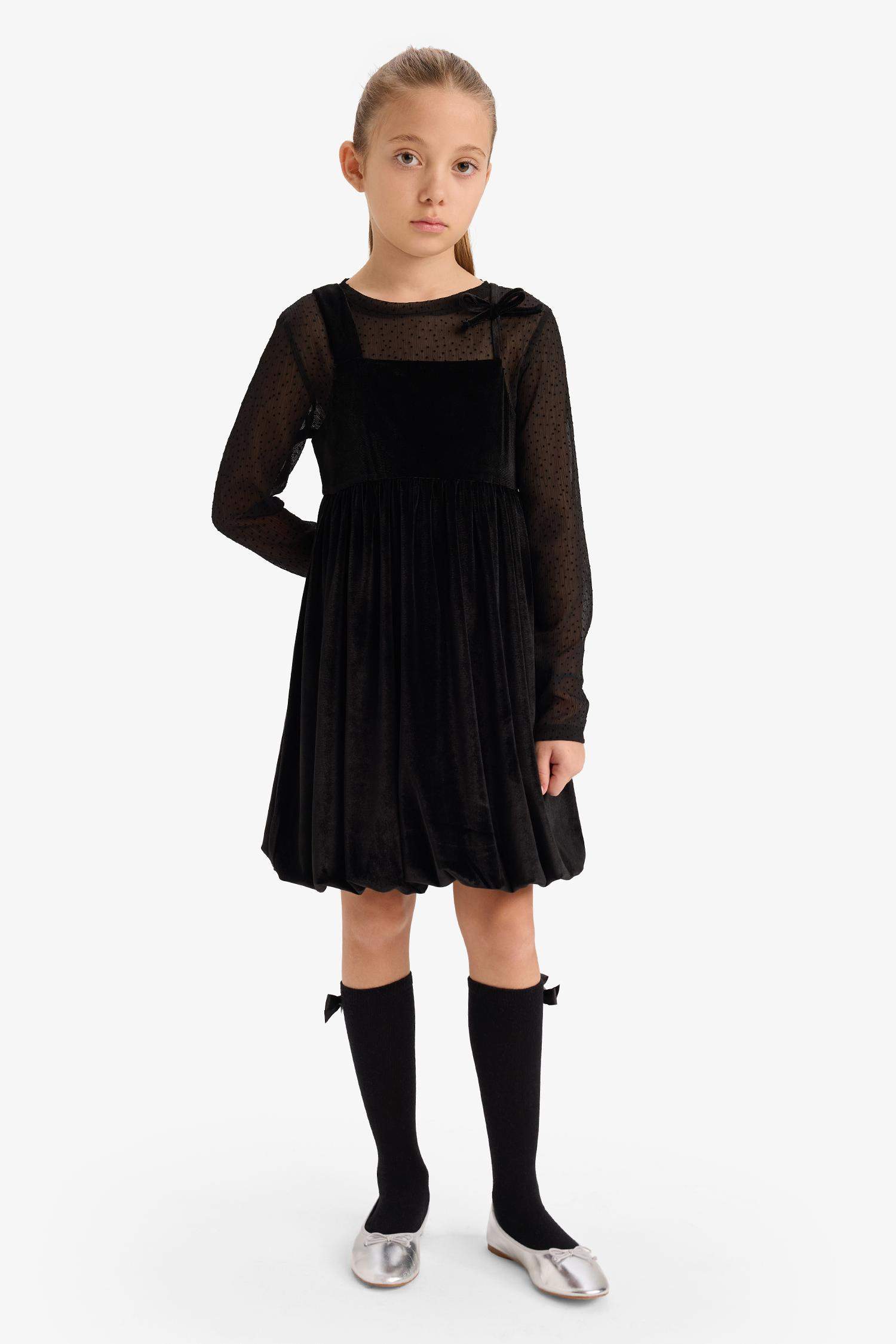 Набор из 2-х предметов для девочек: блузка из тюля с длинными рукавами и бархатное платье с бретелями