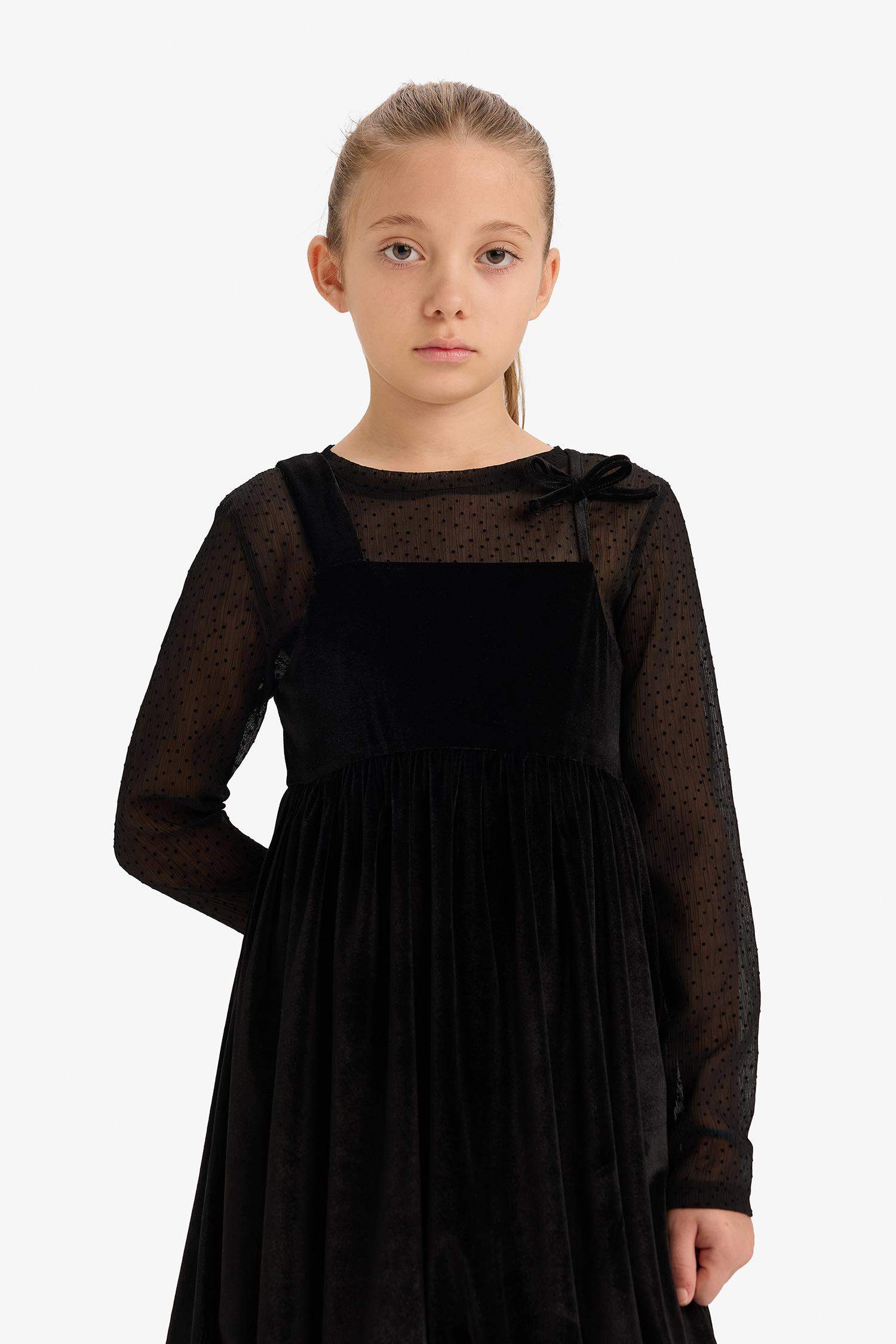 Набор из 2-х предметов для девочек: блузка из тюля с длинными рукавами и бархатное платье с бретелями