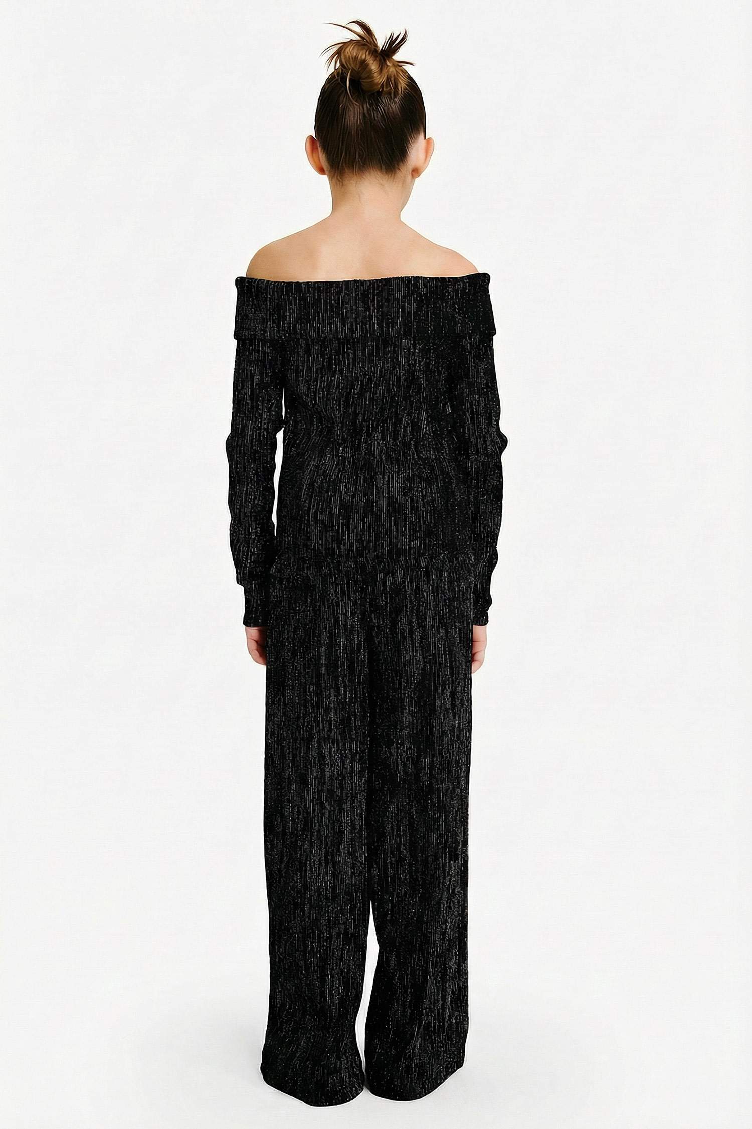 Yılbaşı Temalı 2'li Takım Simli Kumaş Omzu Açık Bluz Pantolon Kız Çocuk