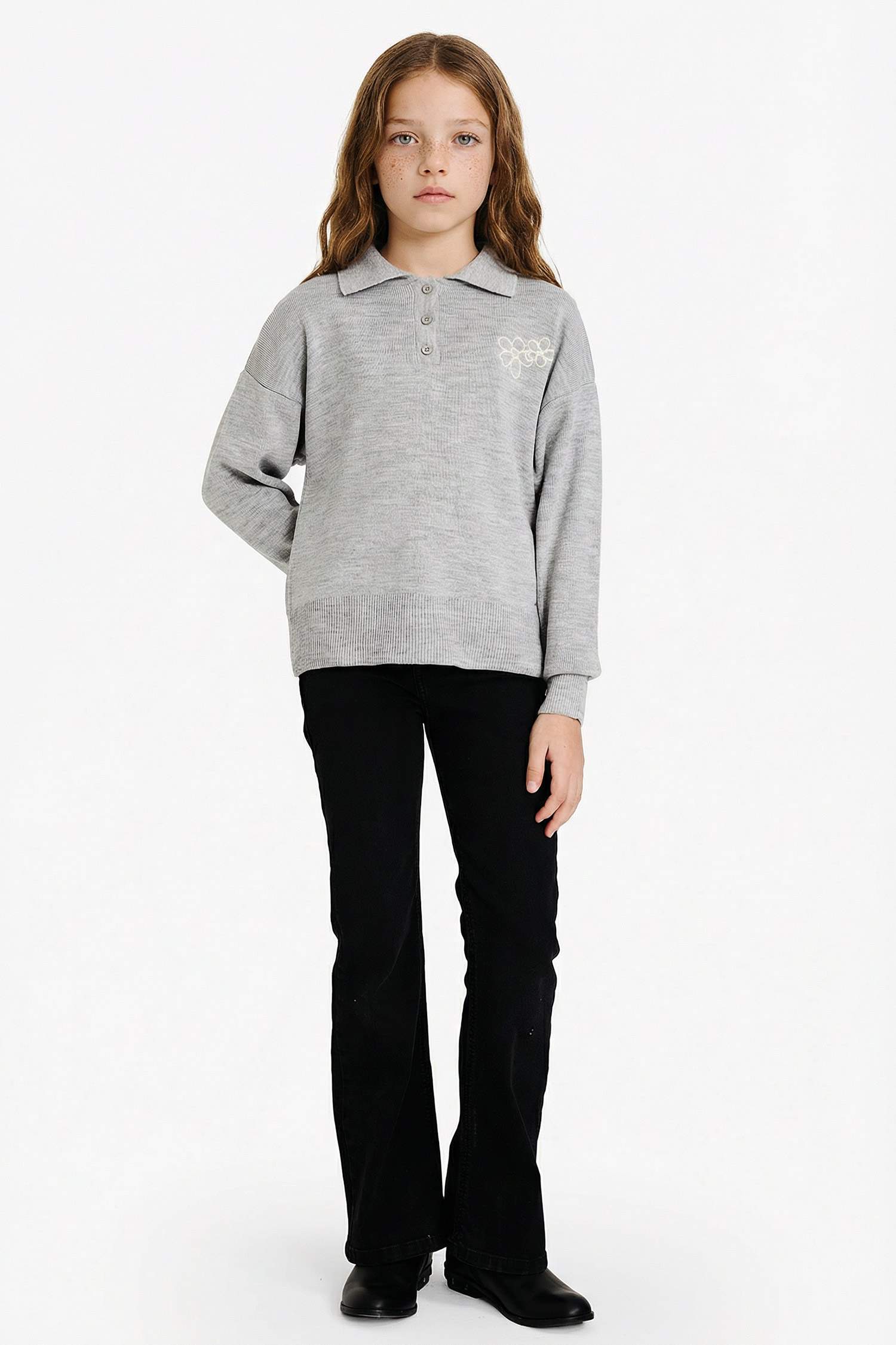 Kız Çocuk Polo Yaka Nakışlı Triko Kazak