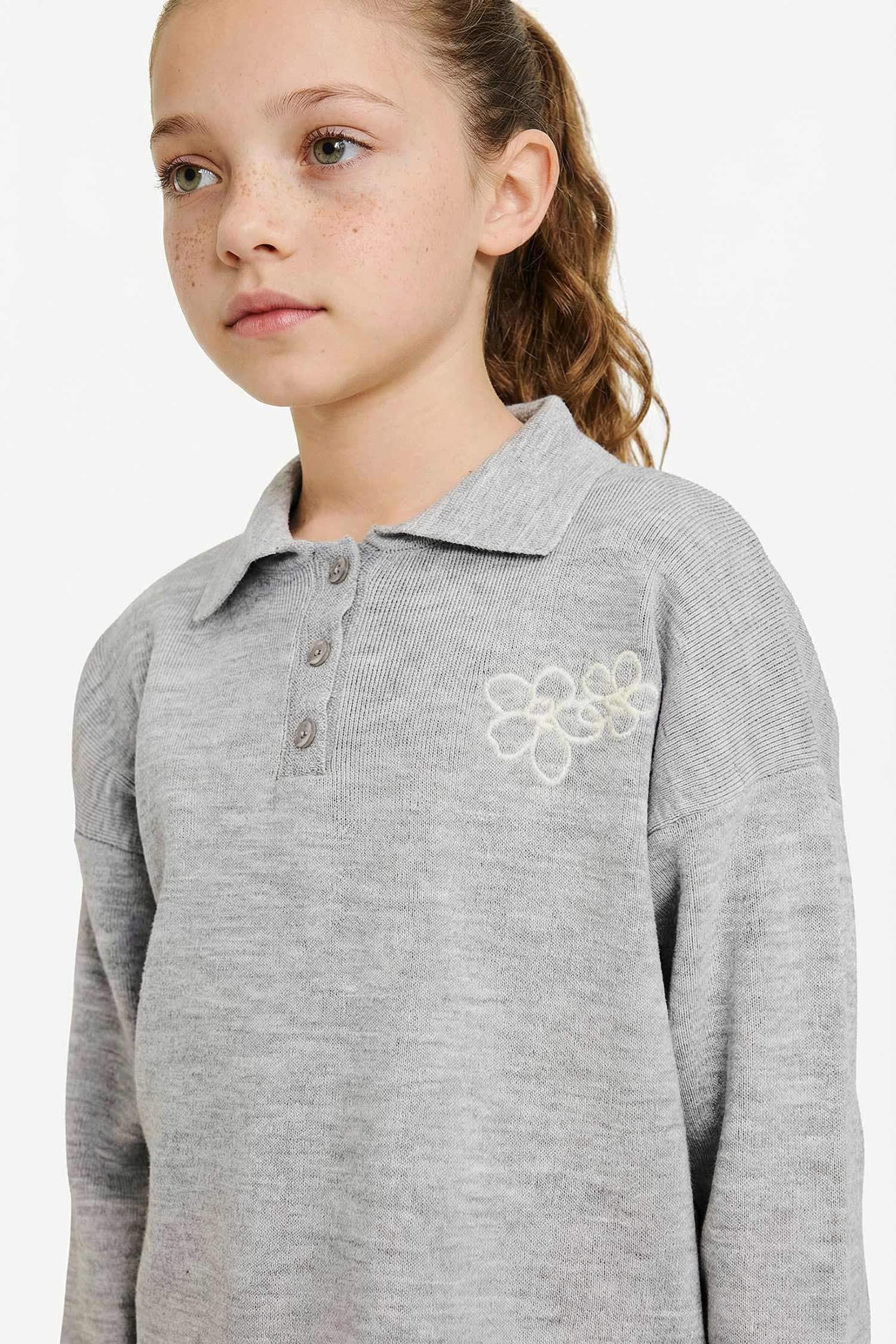 Kız Çocuk Polo Yaka Nakışlı Triko Kazak