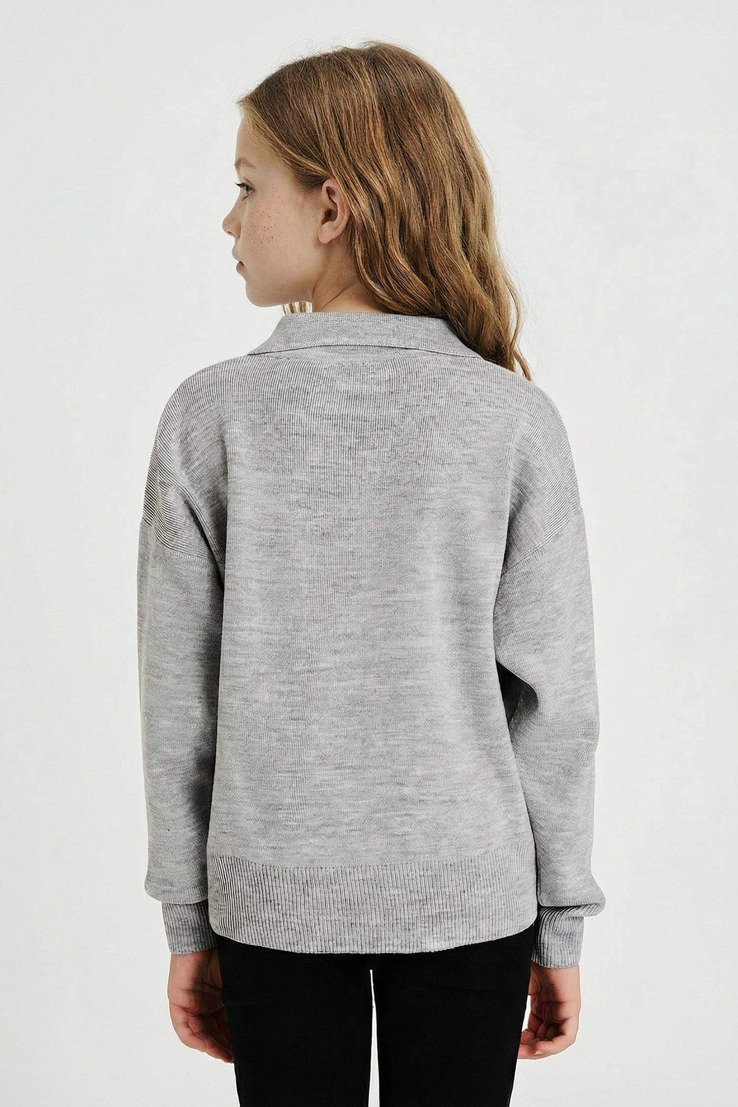 Kız Çocuk Polo Yaka Nakışlı Triko Kazak