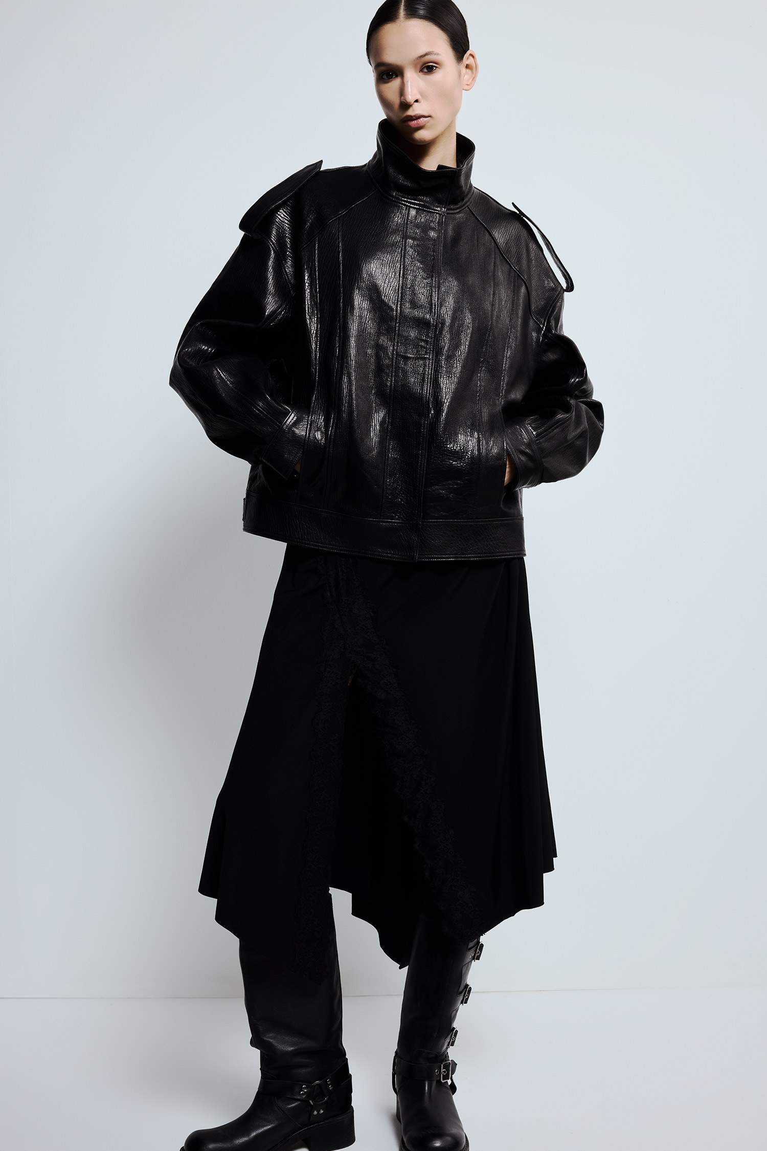 %100 Deri Oversize Geniş Kalıp Dik Yaka Fermuarlı Mont