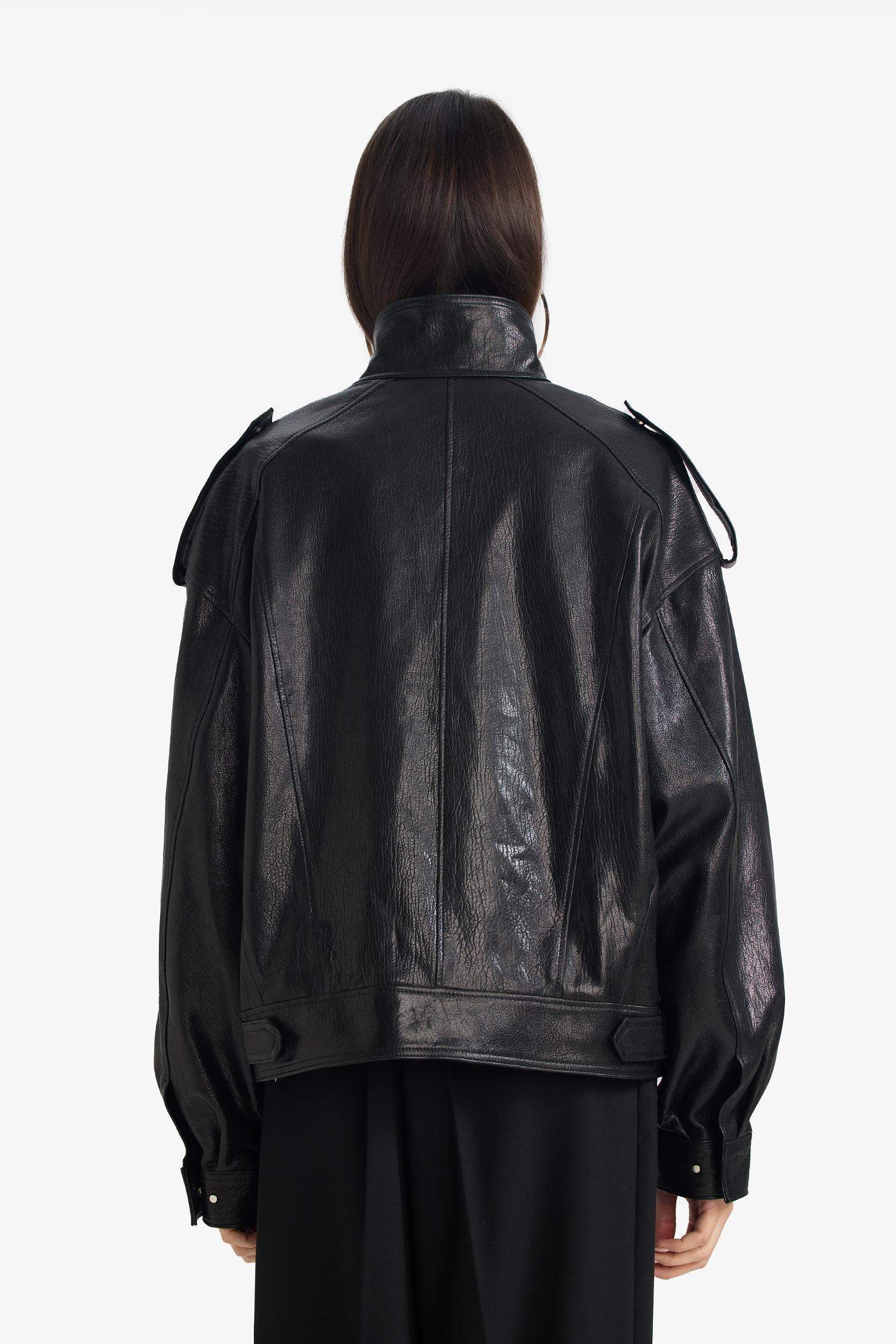 %100 Deri Oversize Geniş Kalıp Dik Yaka Fermuarlı Mont