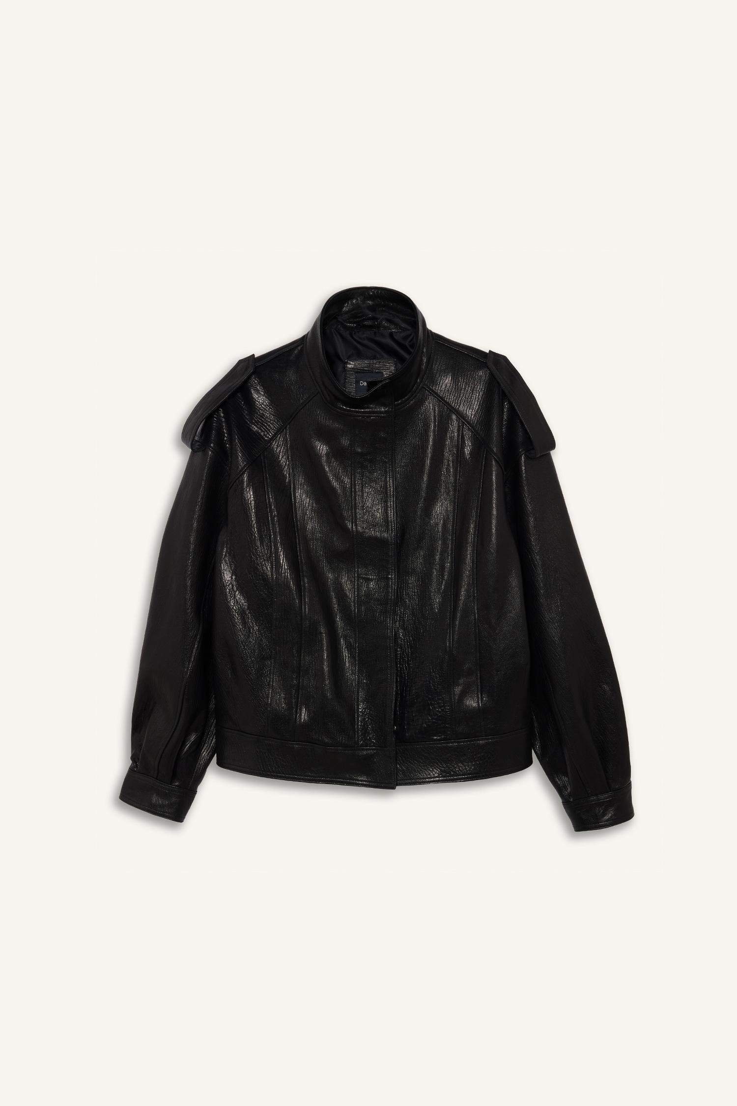 %100 Deri Oversize Geniş Kalıp Dik Yaka Fermuarlı Mont