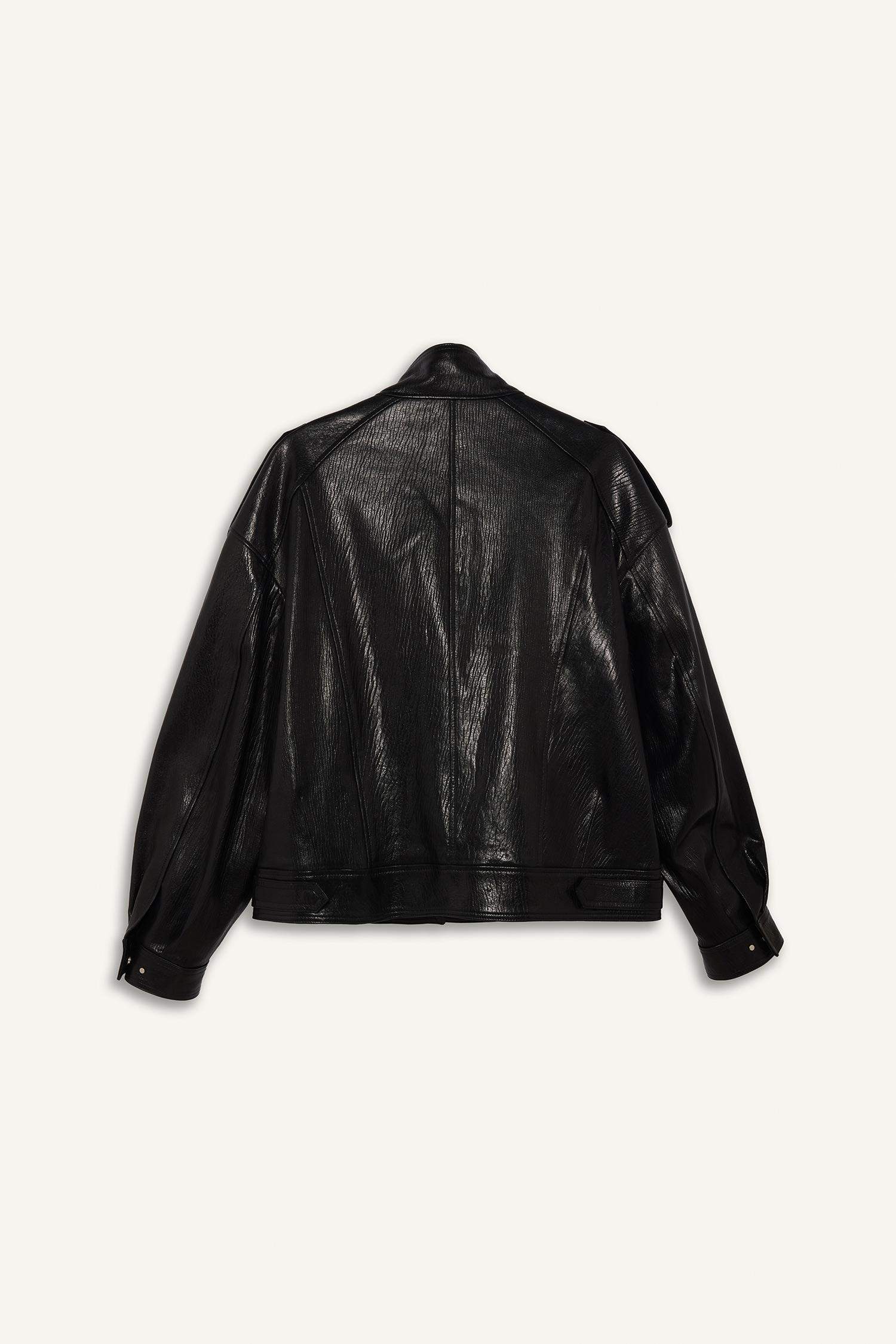 %100 Deri Oversize Geniş Kalıp Dik Yaka Fermuarlı Mont