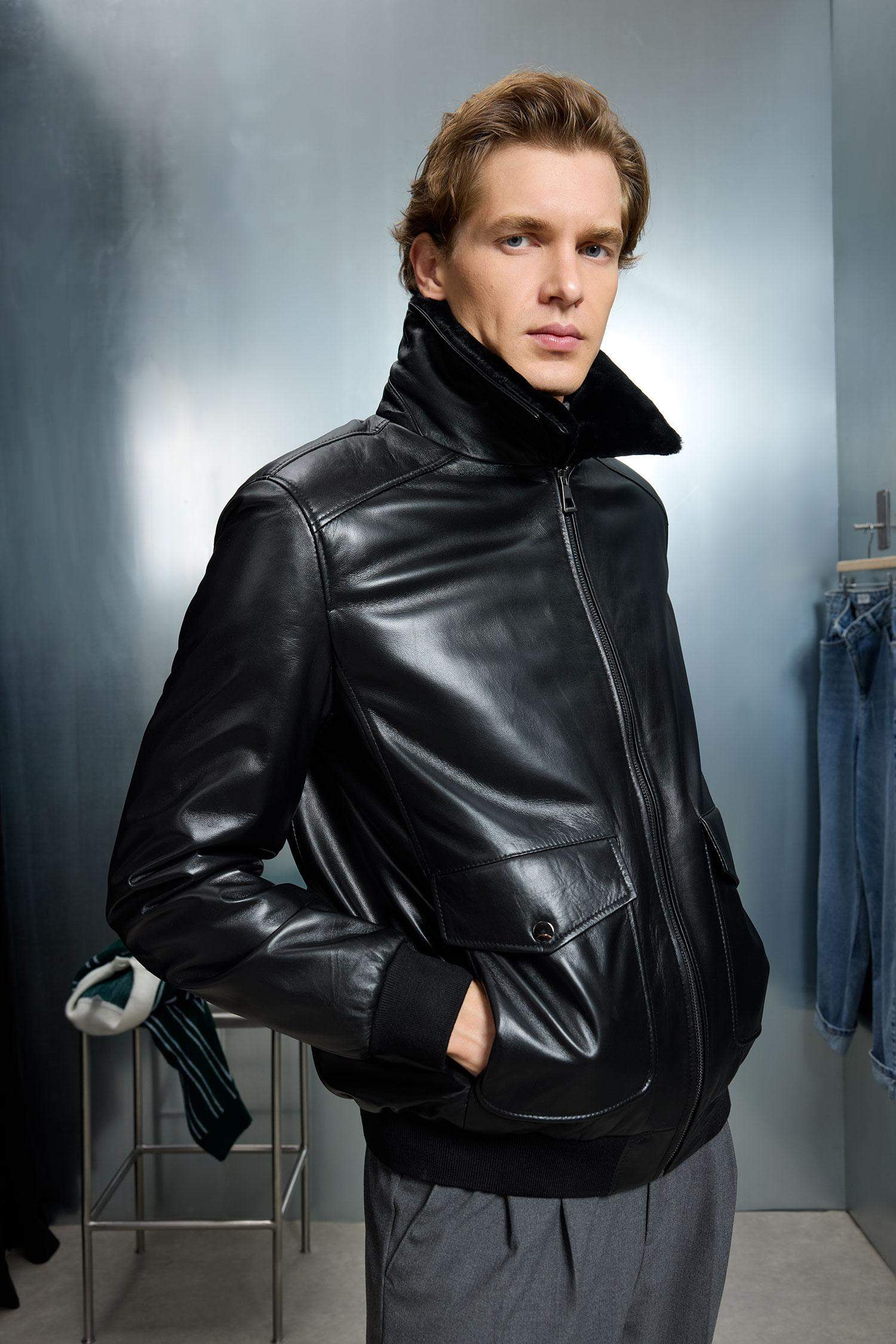 %100 Deri Premium Modern Fit Polo Yaka Astarlı Fermuarlı Mont