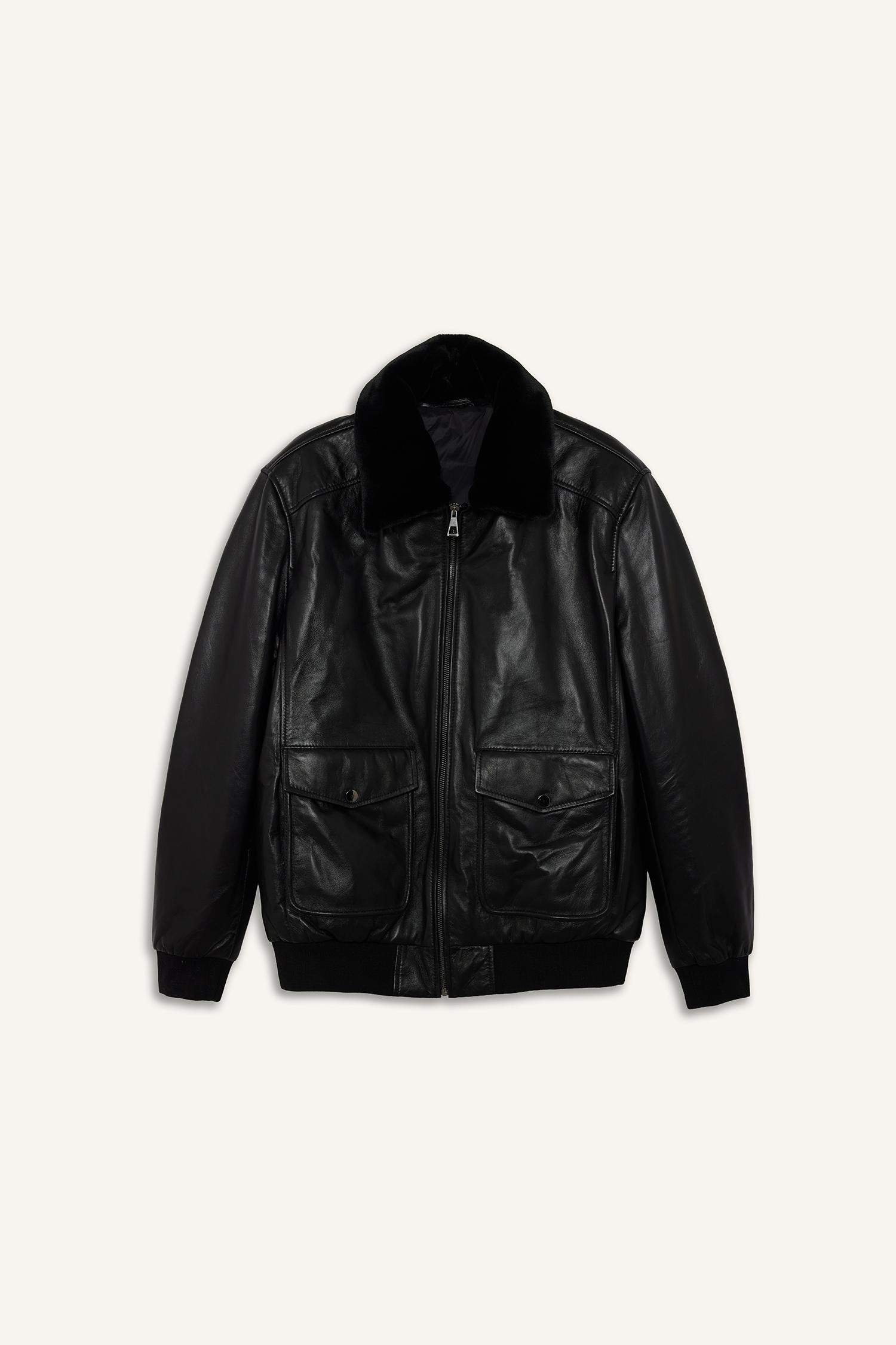 %100 Deri Premium Modern Fit Polo Yaka Astarlı Fermuarlı Mont