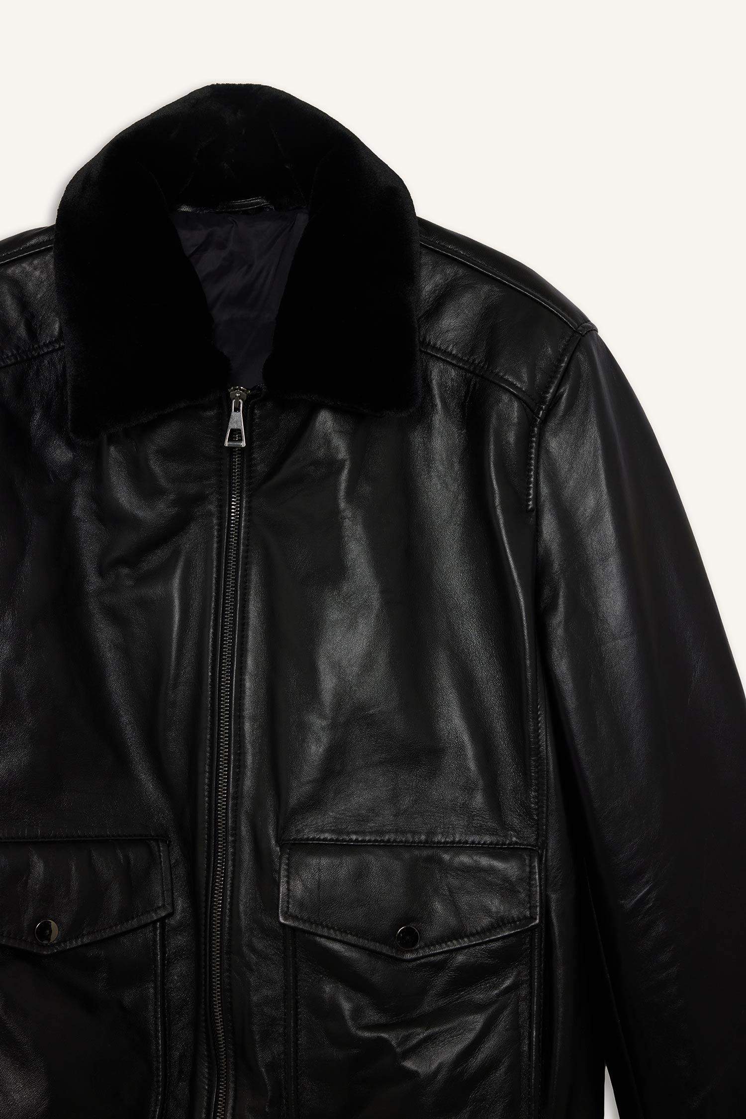 %100 Deri Premium Modern Fit Polo Yaka Astarlı Fermuarlı Mont