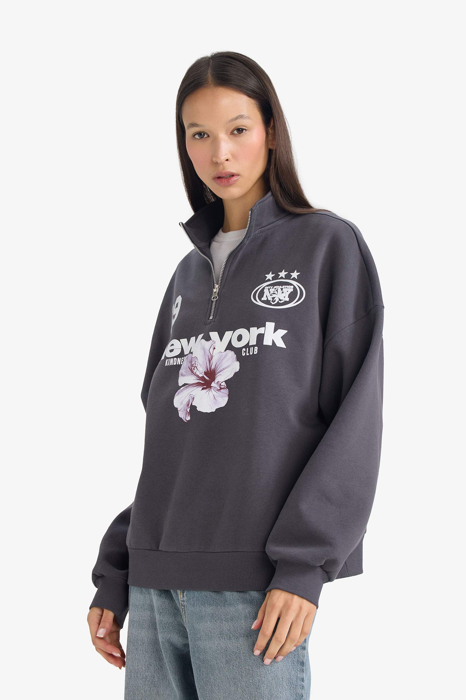 Regular Fit Dik Yaka Yarım Fermuarlı Baskılı Sweatshirt