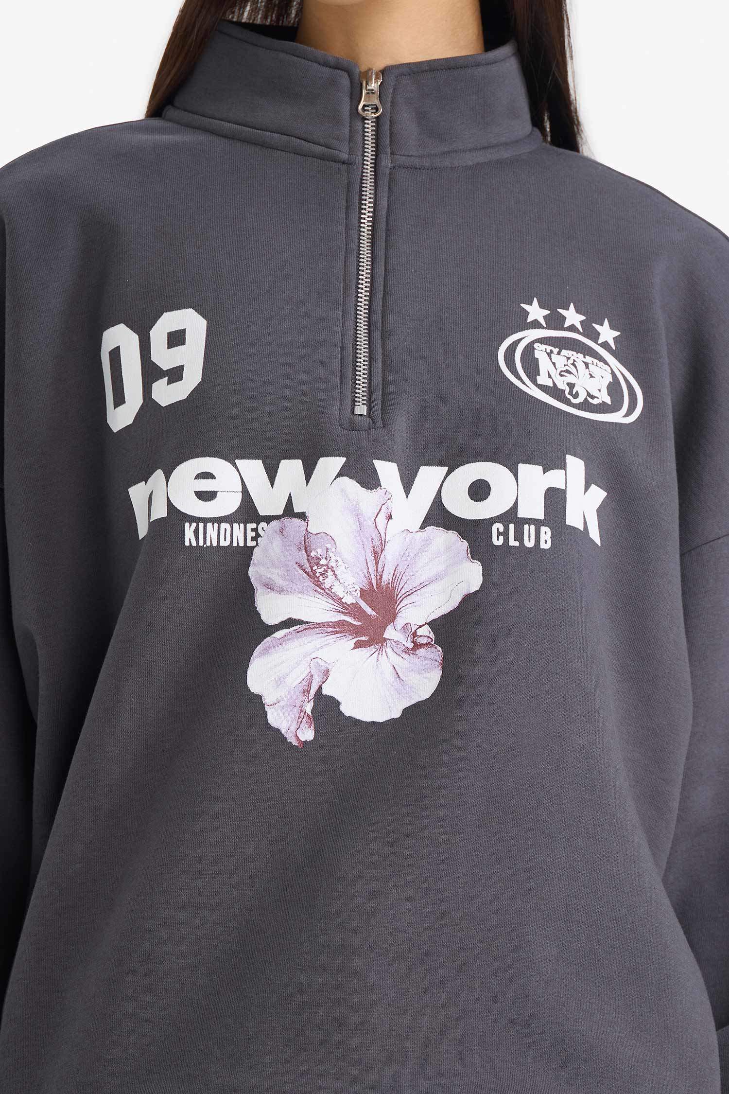 Regular Fit Dik Yaka Yarım Fermuarlı Baskılı Sweatshirt