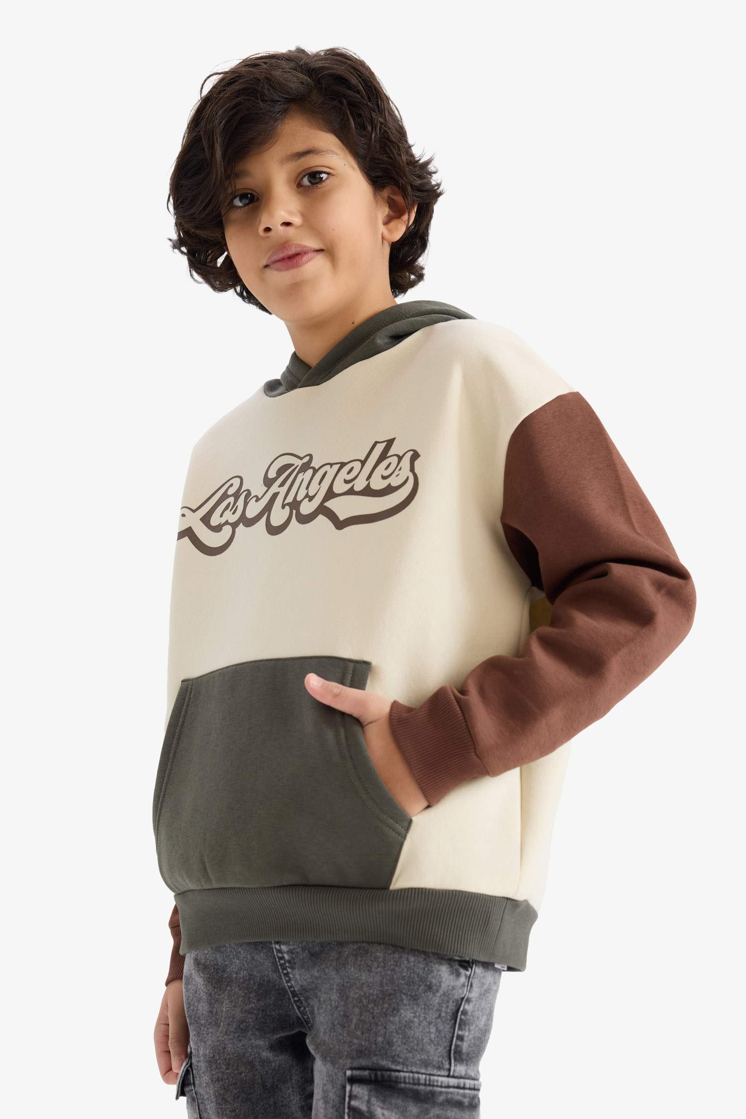 Oversize Geniş Kalıp Kapüşonlu Baskılı İçi Yumuşak Tüylü Sweatshirt Erkek Çocuk