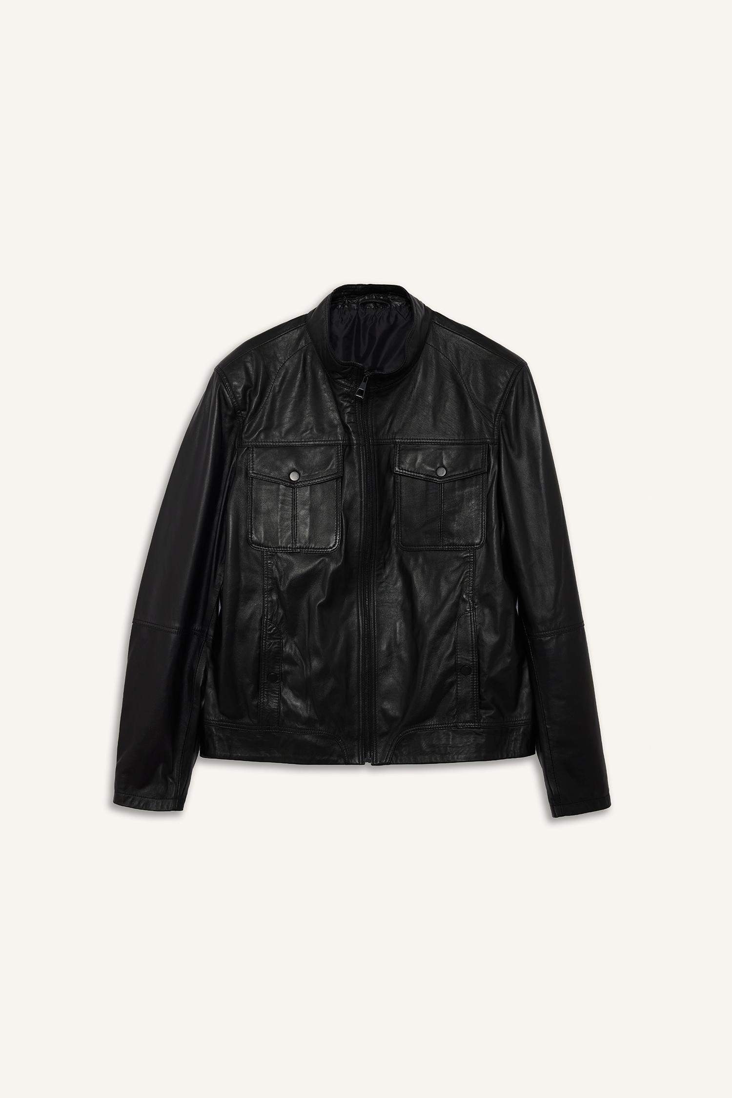 %100 Deri Premium Slim Fit Dar Kesim Dik Yaka Astarlı Fermuarlı Mont