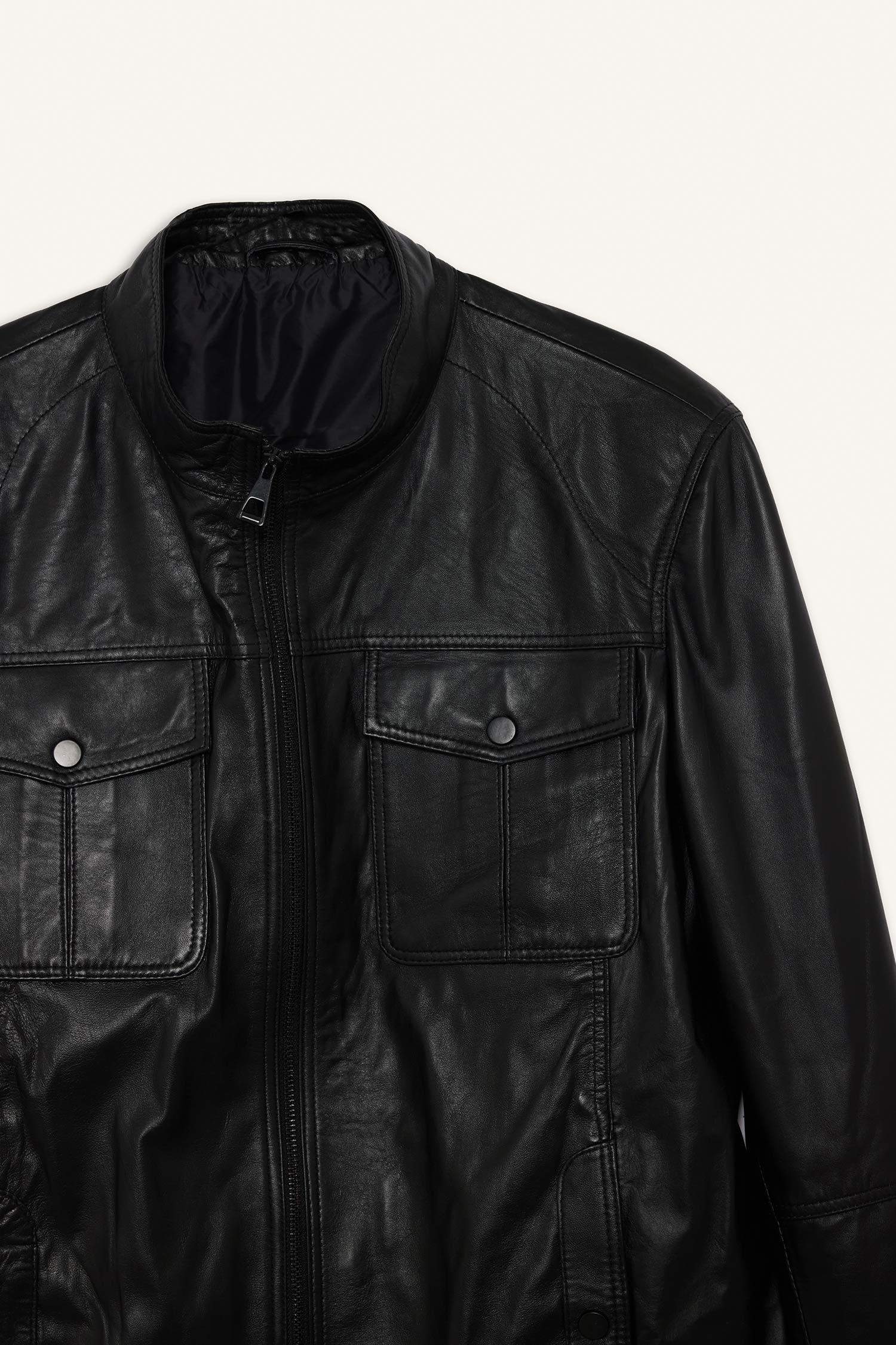 %100 Deri Premium Slim Fit Dar Kesim Dik Yaka Astarlı Fermuarlı Mont